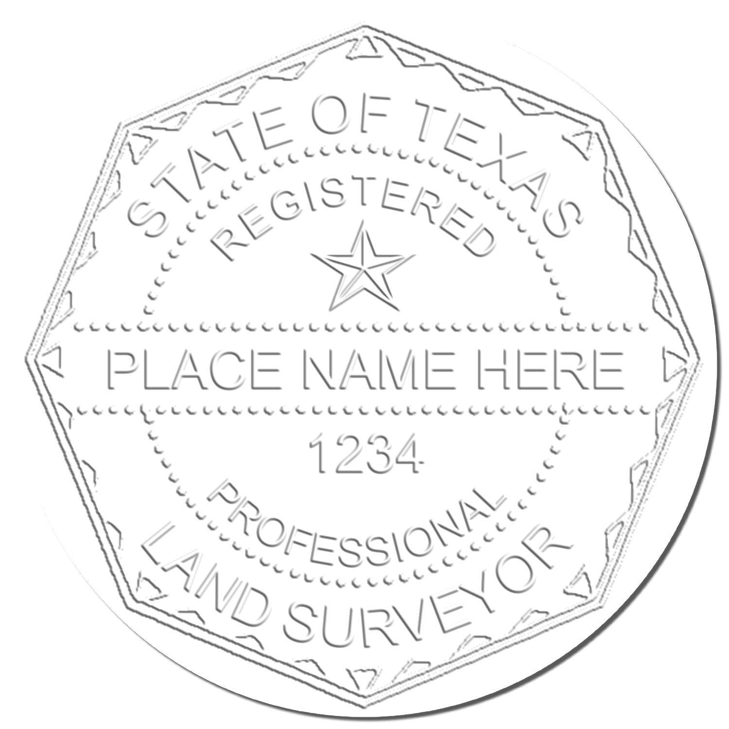 This paper is stamped with a sample imprint of the Extended Long Reach Texas Surveyor Embosser, signifying its quality and reliability.