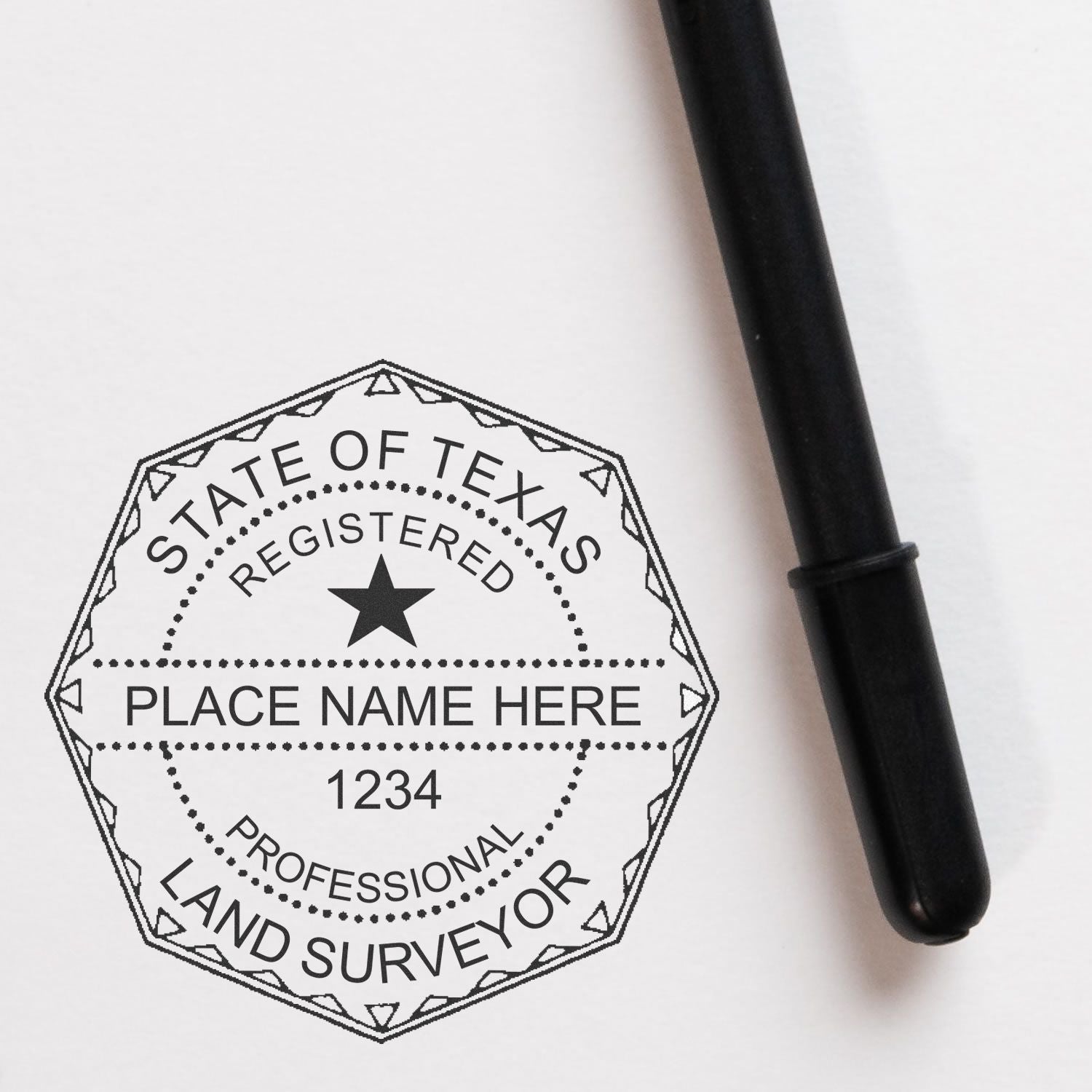 Digital Texas Land Surveyor Stamp, Electronic Seal for Texas Land Surveyor, with a black pen beside the stamped seal on white paper.