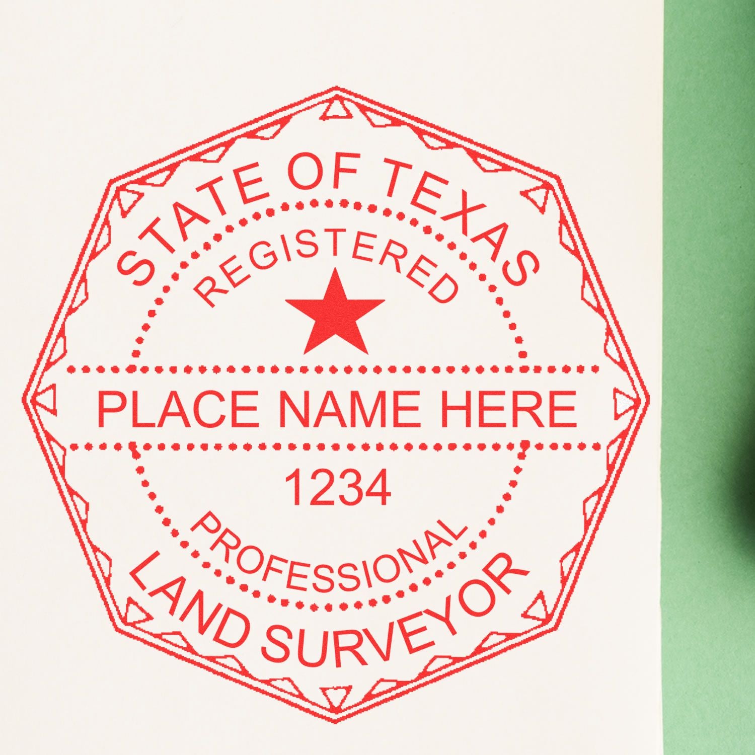 Texas Land Surveyor Seal Stamp, TX PLS Stamp in red ink on white paper with a green background.