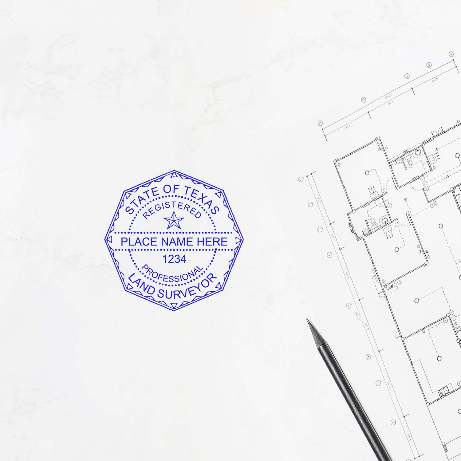 Texas Land Surveyor Seal Stamp, TX PLS Stamp, imprinted in blue on a document next to architectural plans and a pen.