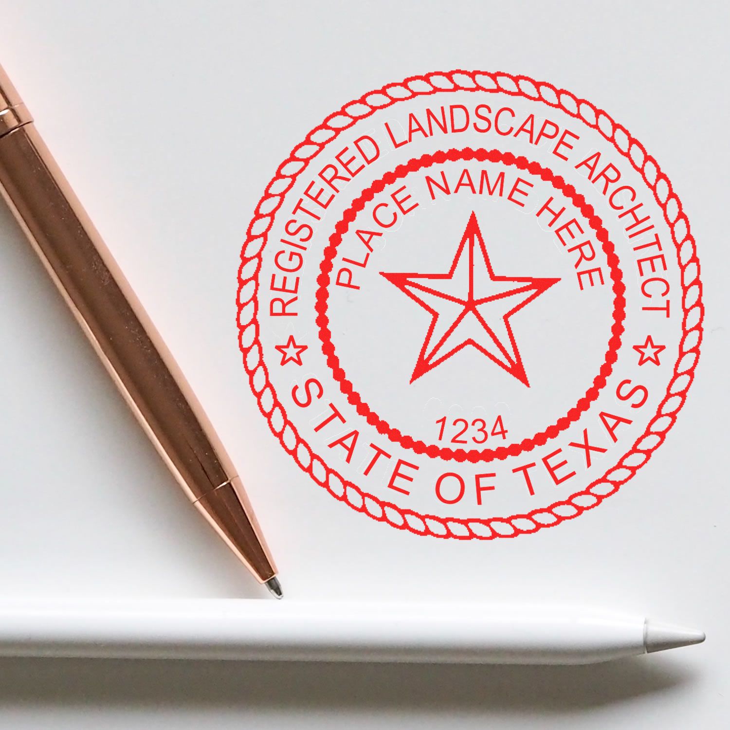 A stamped impression of the Self-Inking Texas Landscape Architect Stamp in this stylish lifestyle photo, setting the tone for a unique and personalized product.