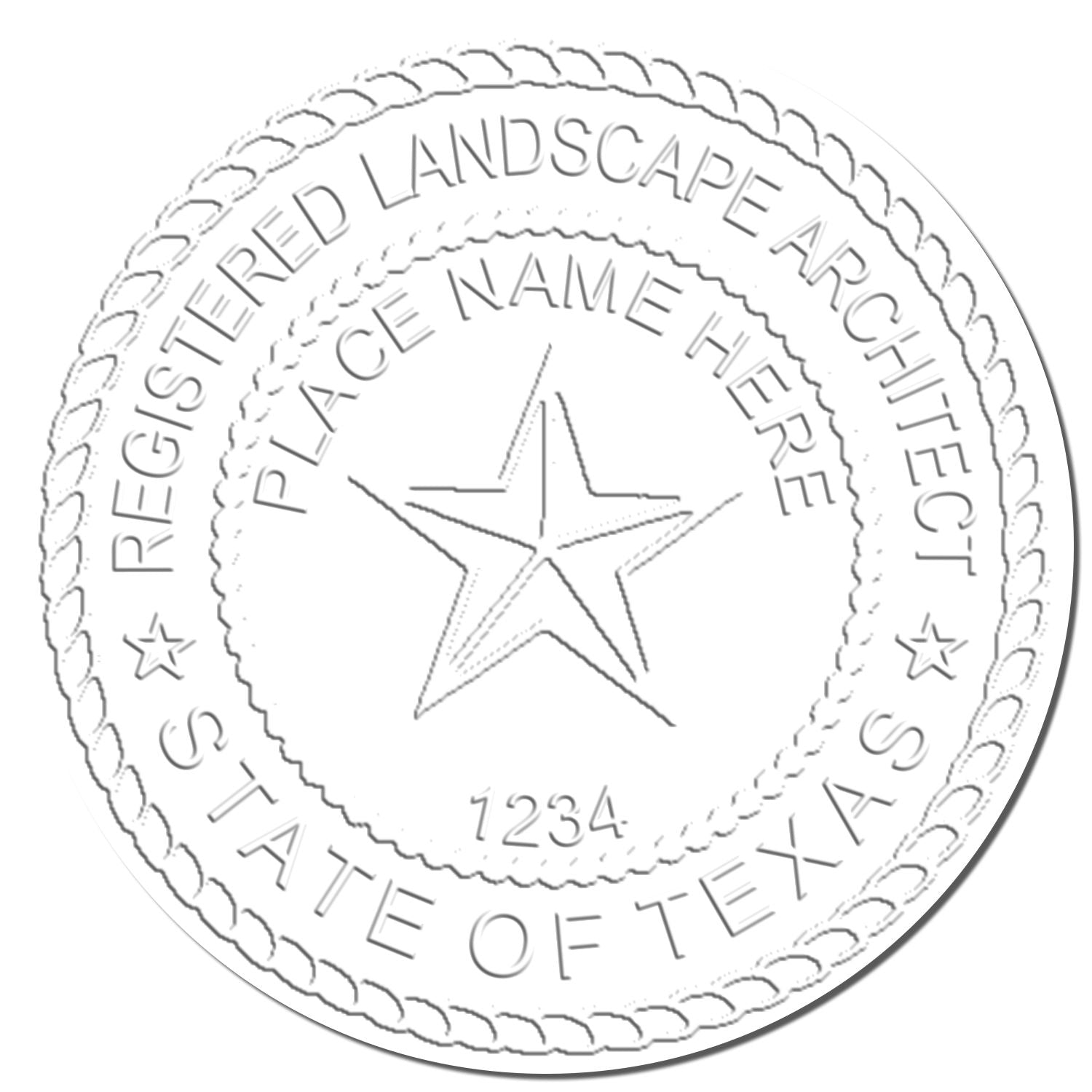 This paper is stamped with a sample imprint of the Texas Long Reach Landscape Architect Embossing Stamp, signifying its quality and reliability.