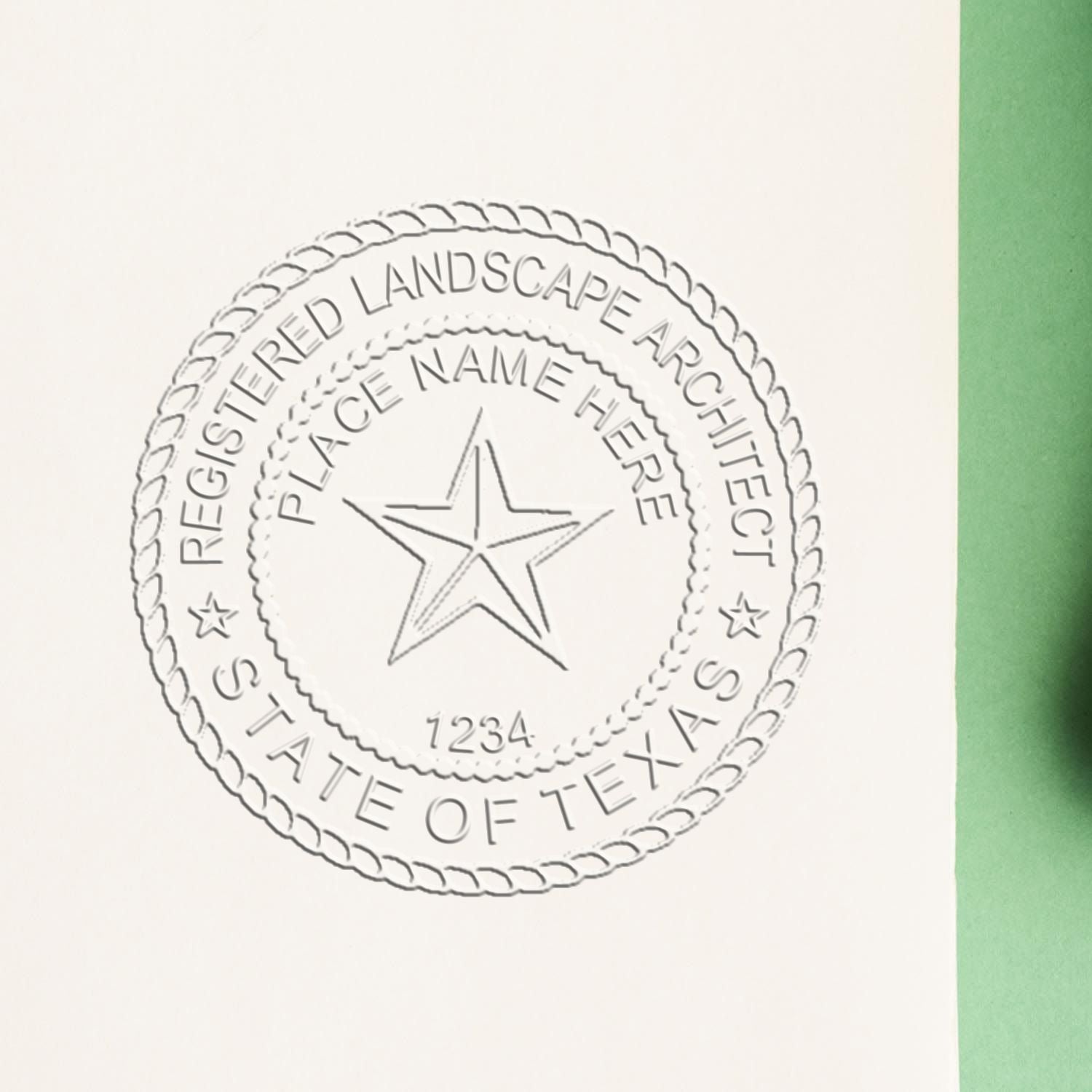 A photograph of the State of Texas Handheld Landscape Architect Seal stamp impression reveals a vivid, professional image of the on paper.