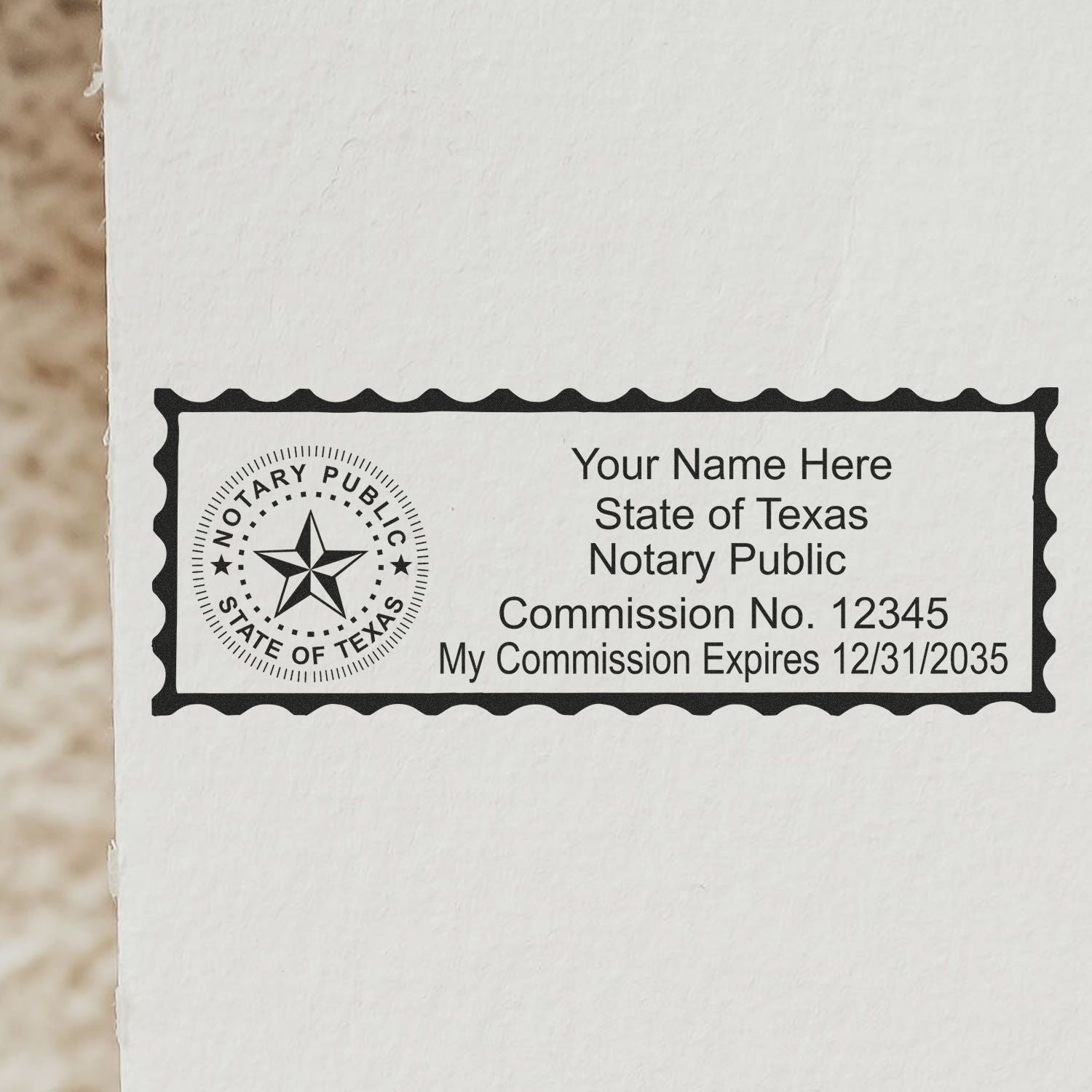 A stamped impression of the Self-Inking State Seal Texas Notary Stamp in this stylish lifestyle photo, setting the tone for a unique and personalized product.