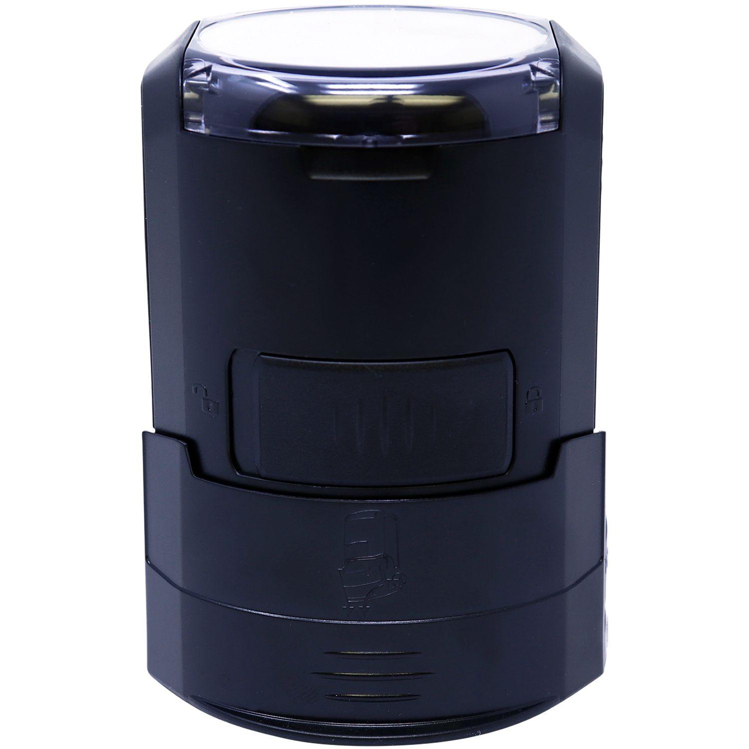 Self-Inking Architect Stamp of Seal, black cylindrical design with a transparent top cover, shown in a closed position with a side view.