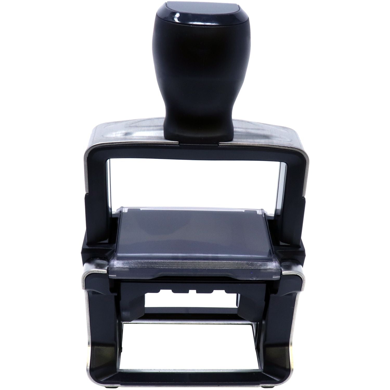 Custom Self Inking Stamp Trodat 5203 Size 1-5/8 x 2, black handle, metal frame, angled back view, isolated on white background.