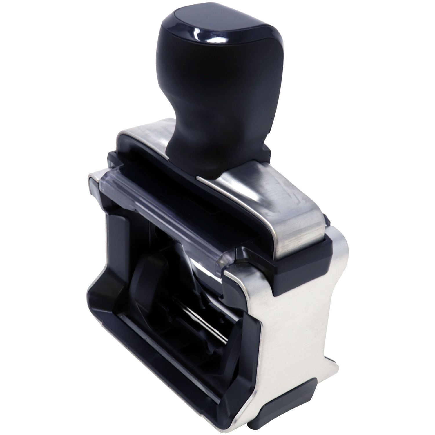 Custom Self Inking Stamp Trodat 5203 Size 1-5/8 x 2 in a closed position, showing a black handle and metal frame with a plain plate.