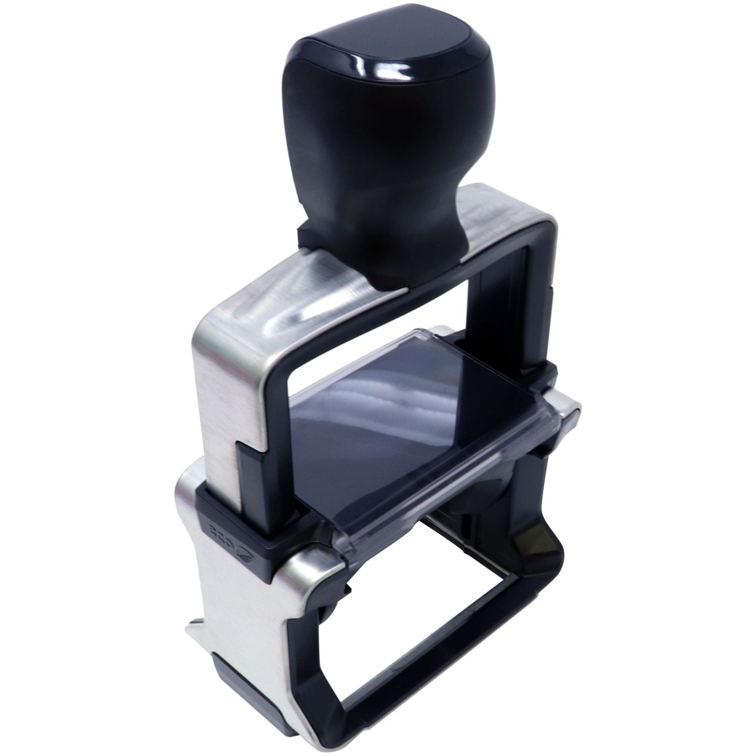 Custom Self Inking Stamp Trodat 5200 Size 1 x 1-5/8, shown from a top-down side angle, featuring a black handle and metal frame.