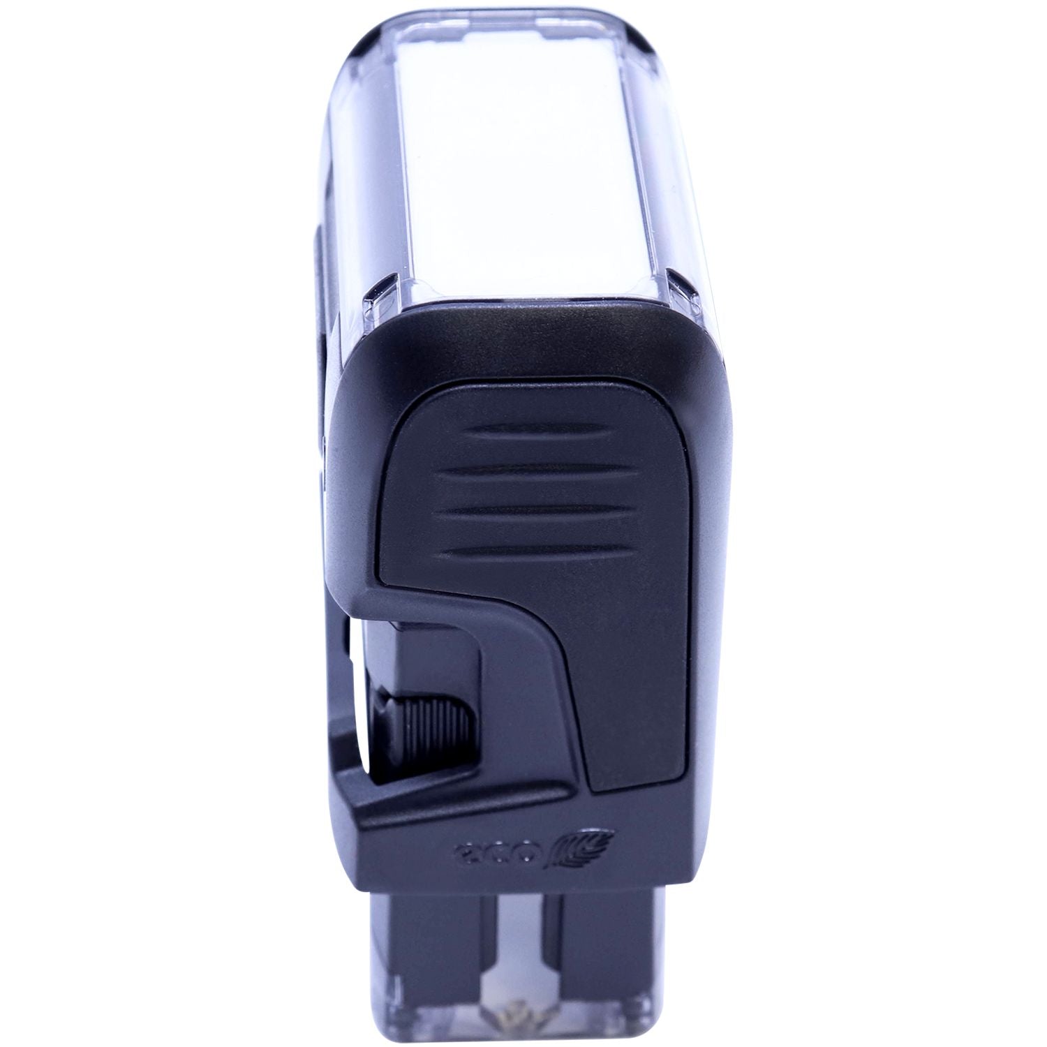 Custom Self Inking Stamp Trodat 4910 Size 3/8 x 1-3/32, angled side view, black and white design with a transparent cover.