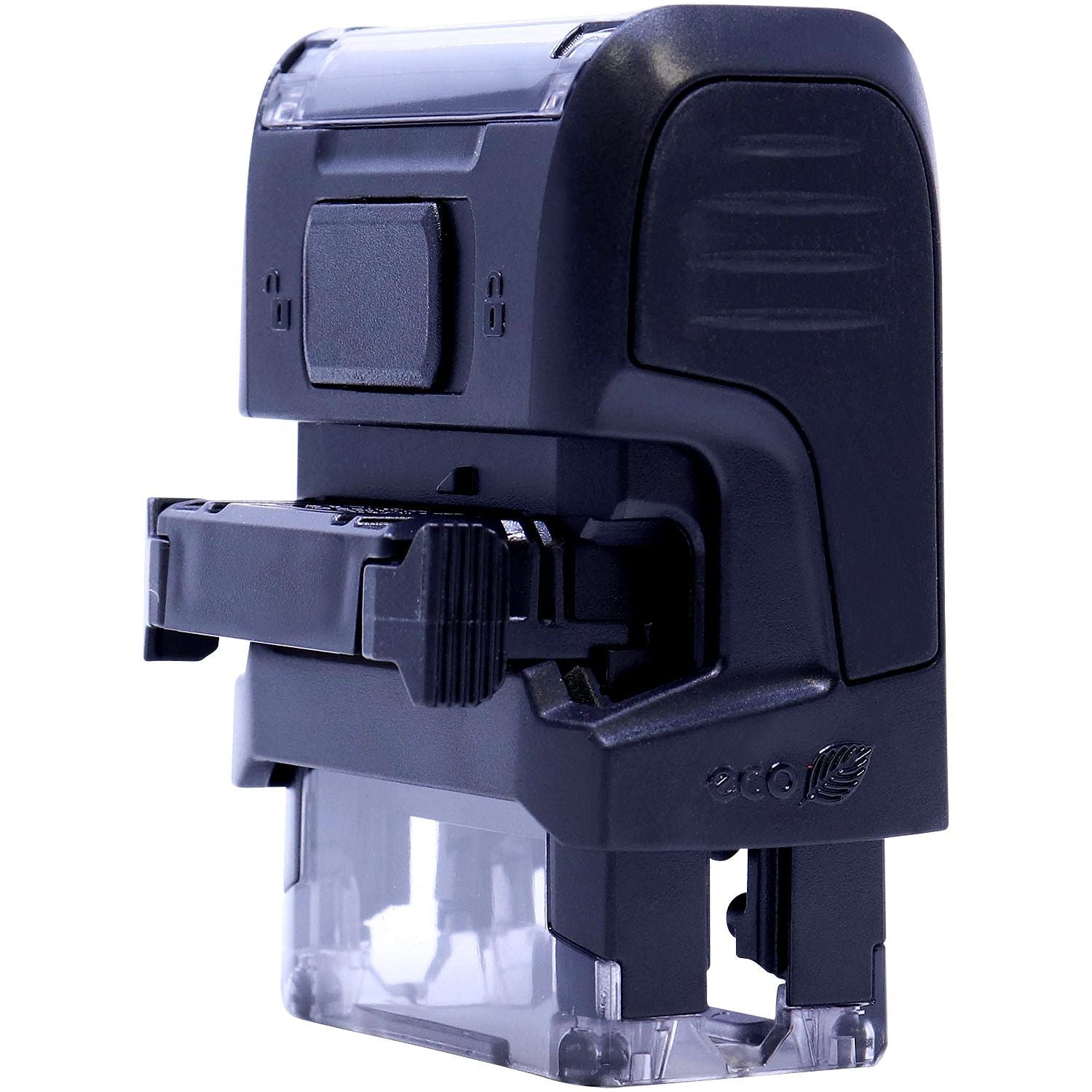 Custom Self Inking Stamp Trodat 4910 Size 3/8 x 1-3/32, black, side view with ink pad partially extended.