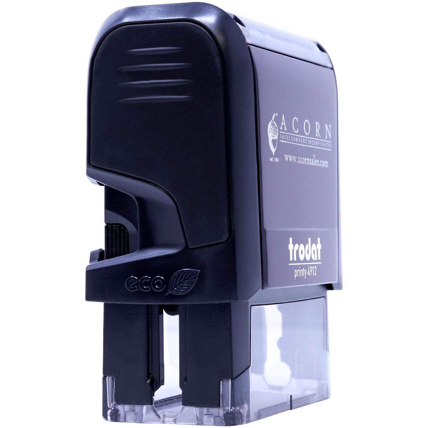 Custom Self Inking Stamp Trodat 4912 Size 3/4 x 1-7/8 in black, angled front view showing branding and eco-friendly symbol.