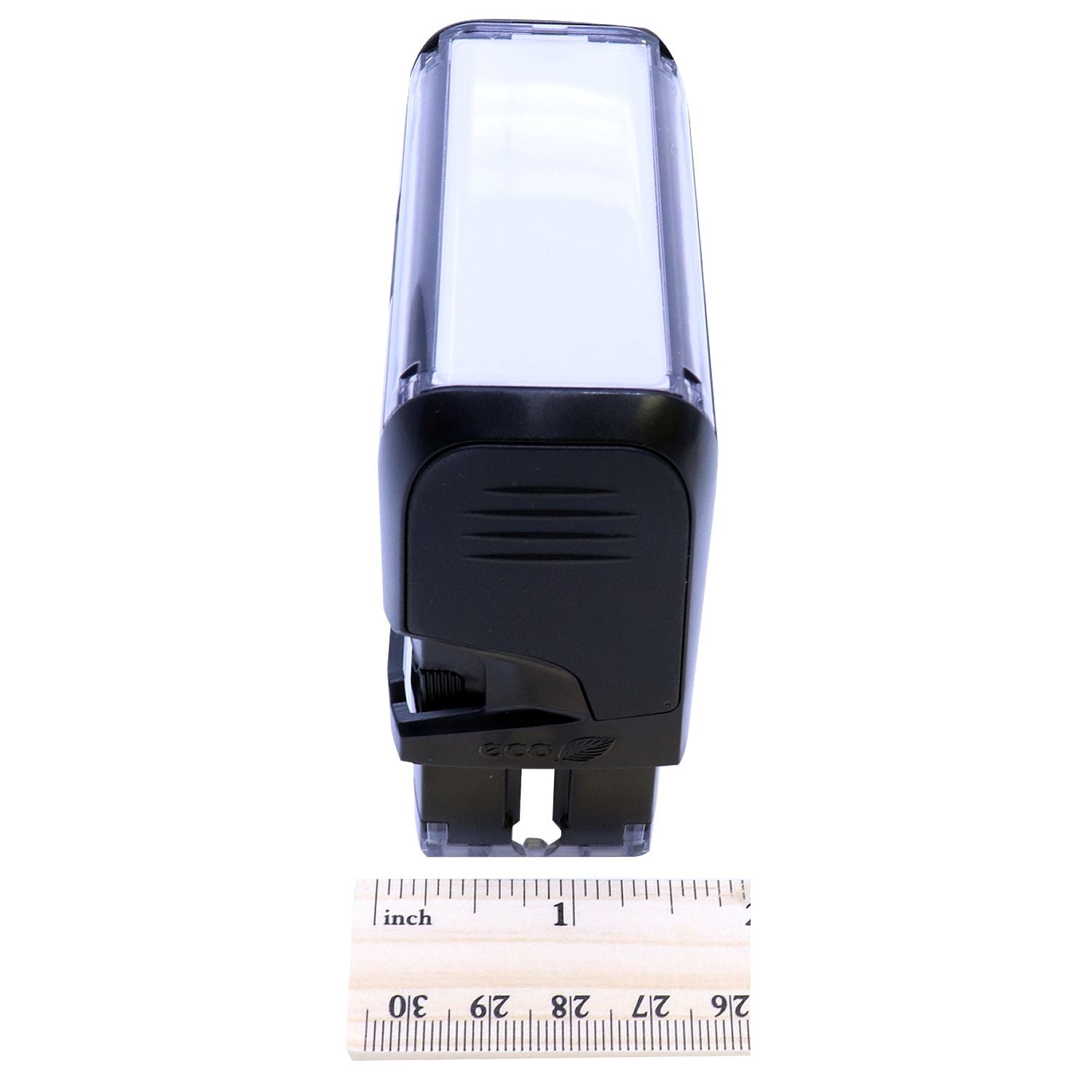 Custom Self Inking Stamp Trodat 4913 Size 7/8 x 2-3/8, shown in an angled side view with a ruler for scale.