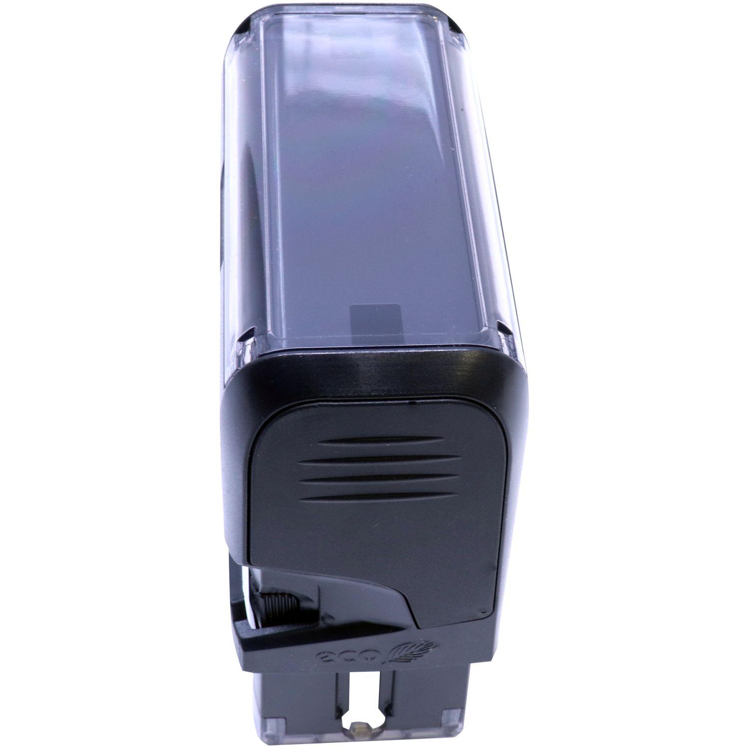 A black Self Inking Superceded Stamp with a rectangular design, shown from an angled side view against a white background.