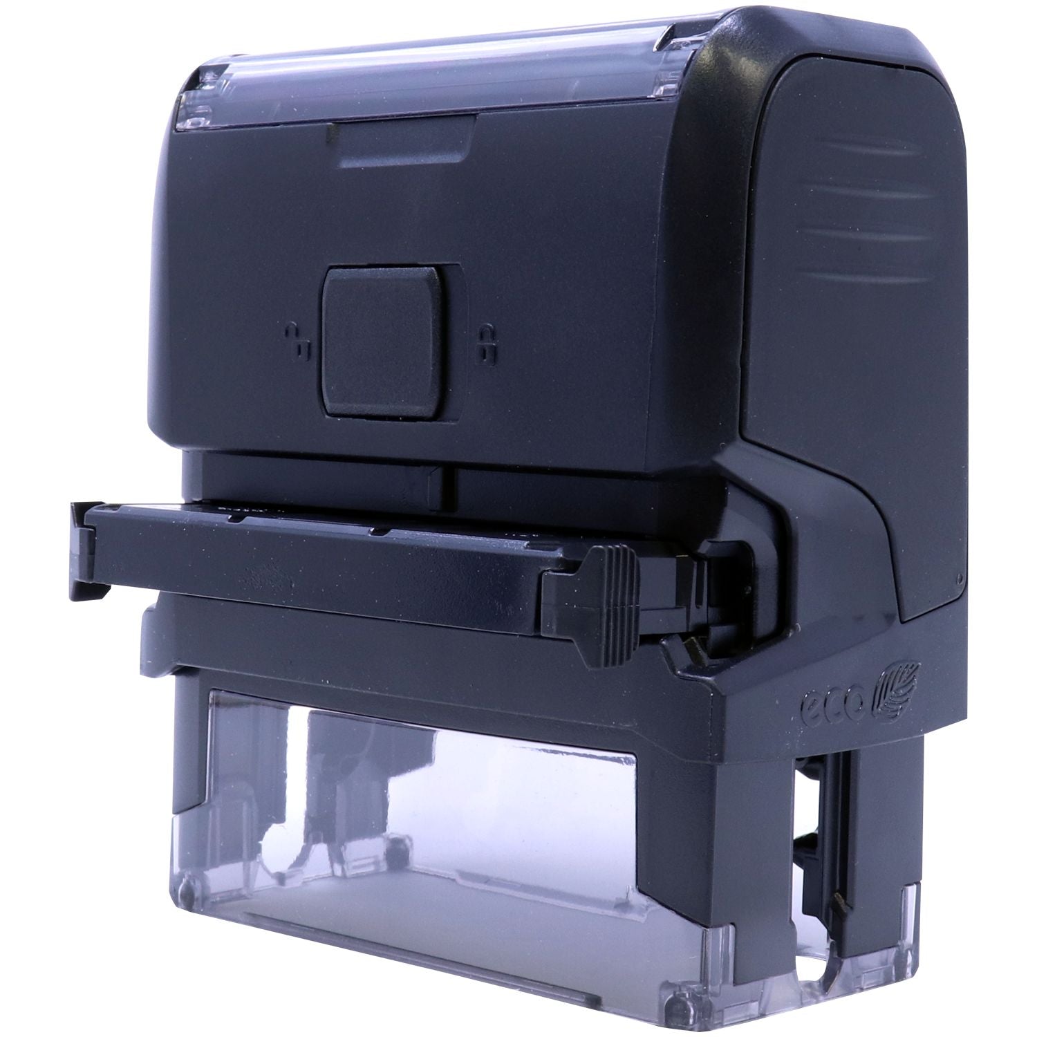 Custom Self Inking Stamp Trodat 4913 Size 7/8 x 2-3/8, black, back view with ink pad removed, showing the inner mechanism.