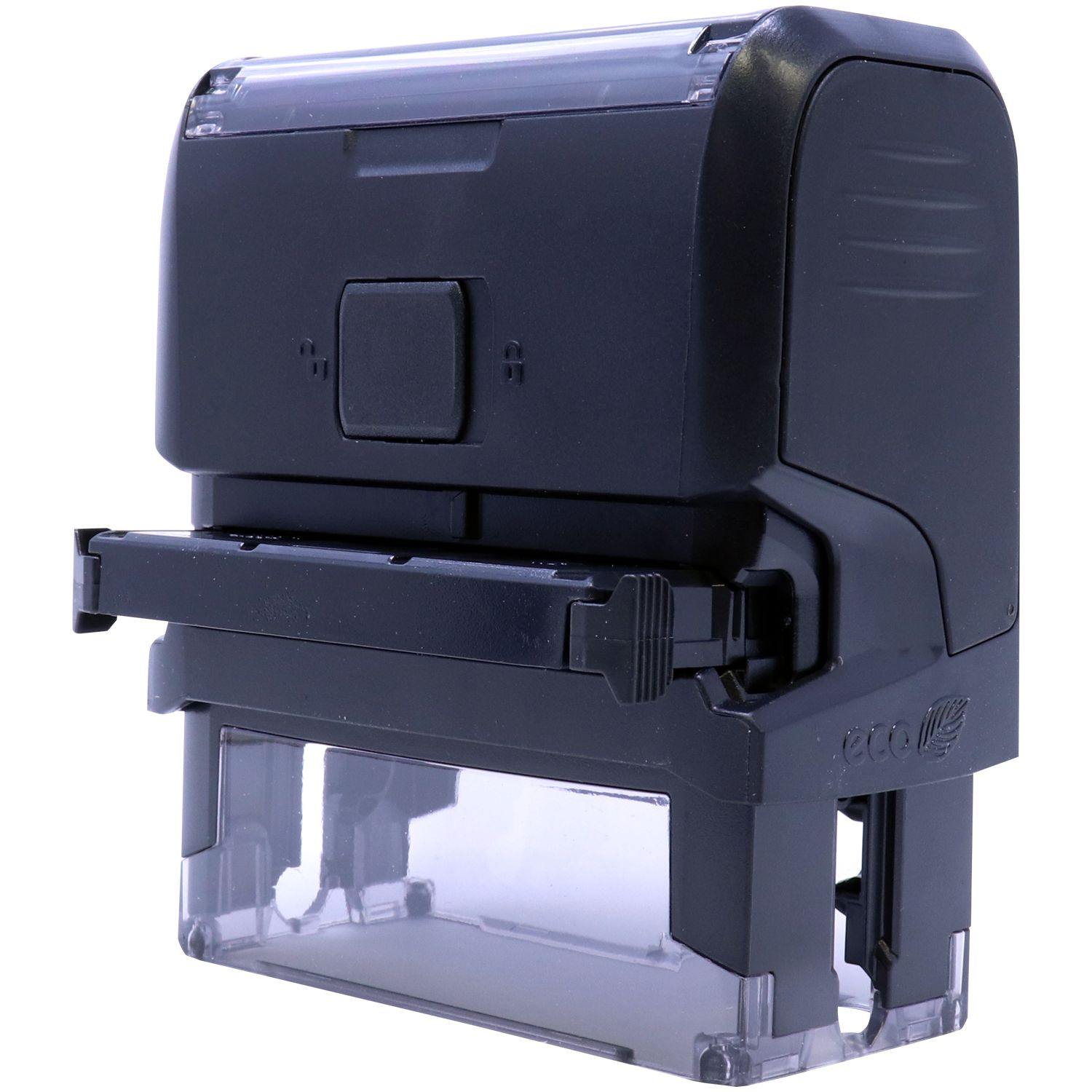 Self Inking Progress Stamp, black casing, back view with ink pad partially removed, compact and durable design for efficient stamping.