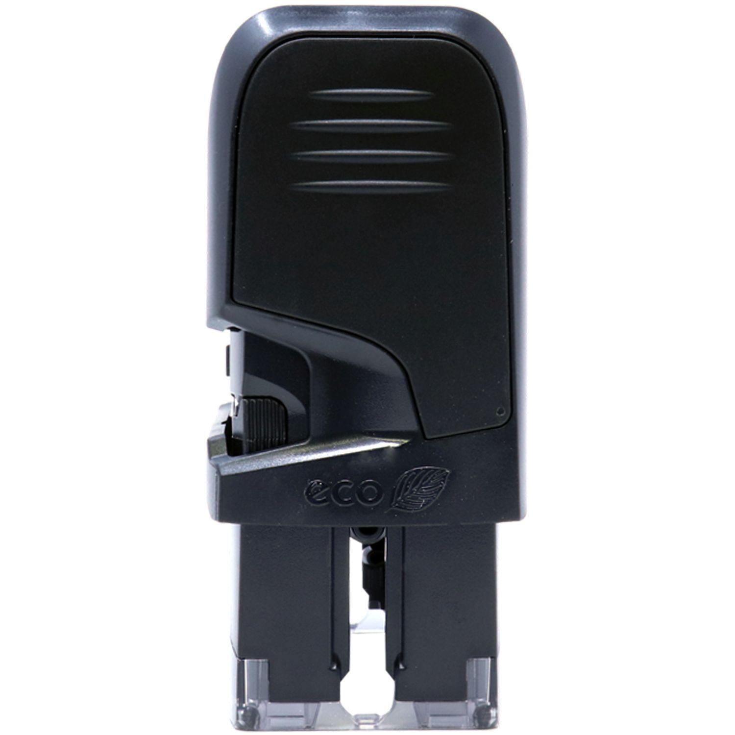 Black Self Inking Superceded Stamp with eco-friendly design, side view showing the compact and ergonomic structure.