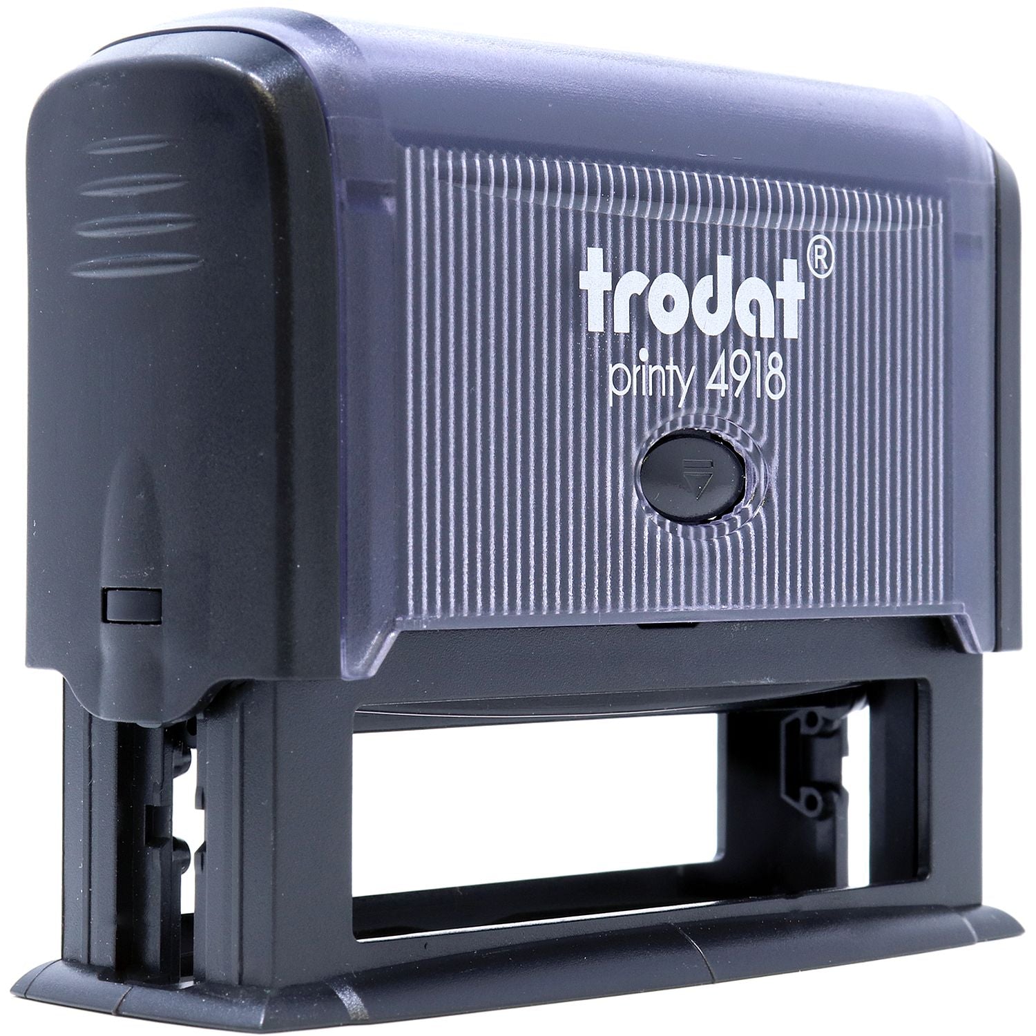 Custom Self Inking Stamp Trodat 4918 Size 5/8 x 3, shown in a front angled view with a black and gray design.