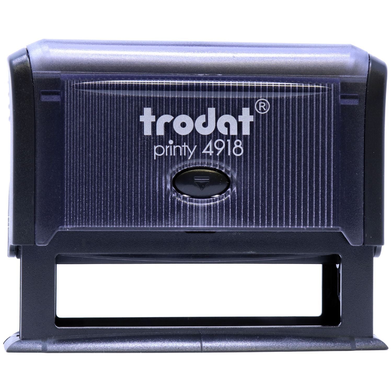 Custom Self Inking Stamp Trodat 4918 Size 5/8 x 3, black casing, front view with cap, showing the Trodat logo and model number.