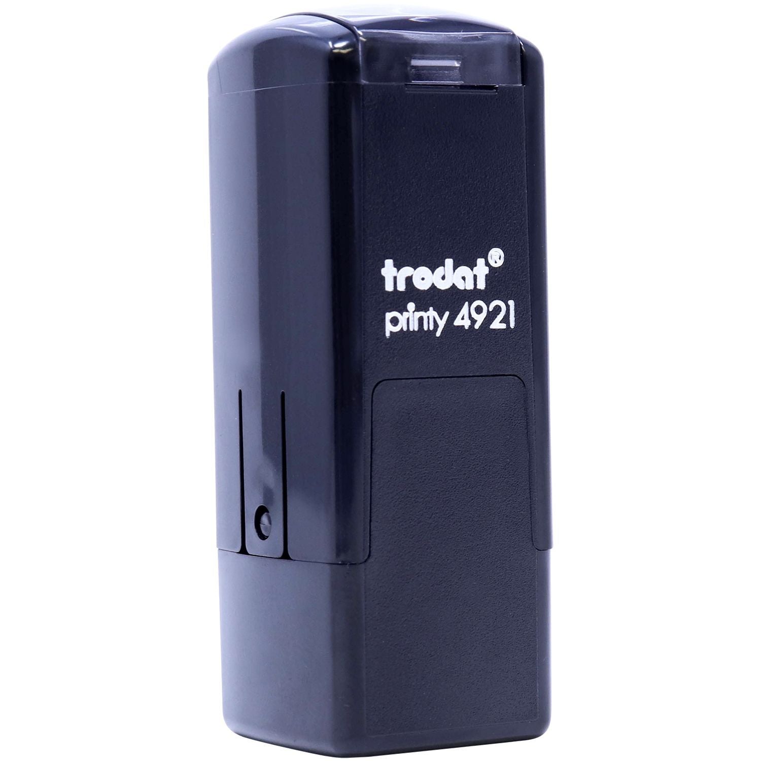 Custom Self Inking Stamp Trodat 4921 Size 1/2 x 1/2, black, angled front view with cap on, showing the Trodat logo and model number.