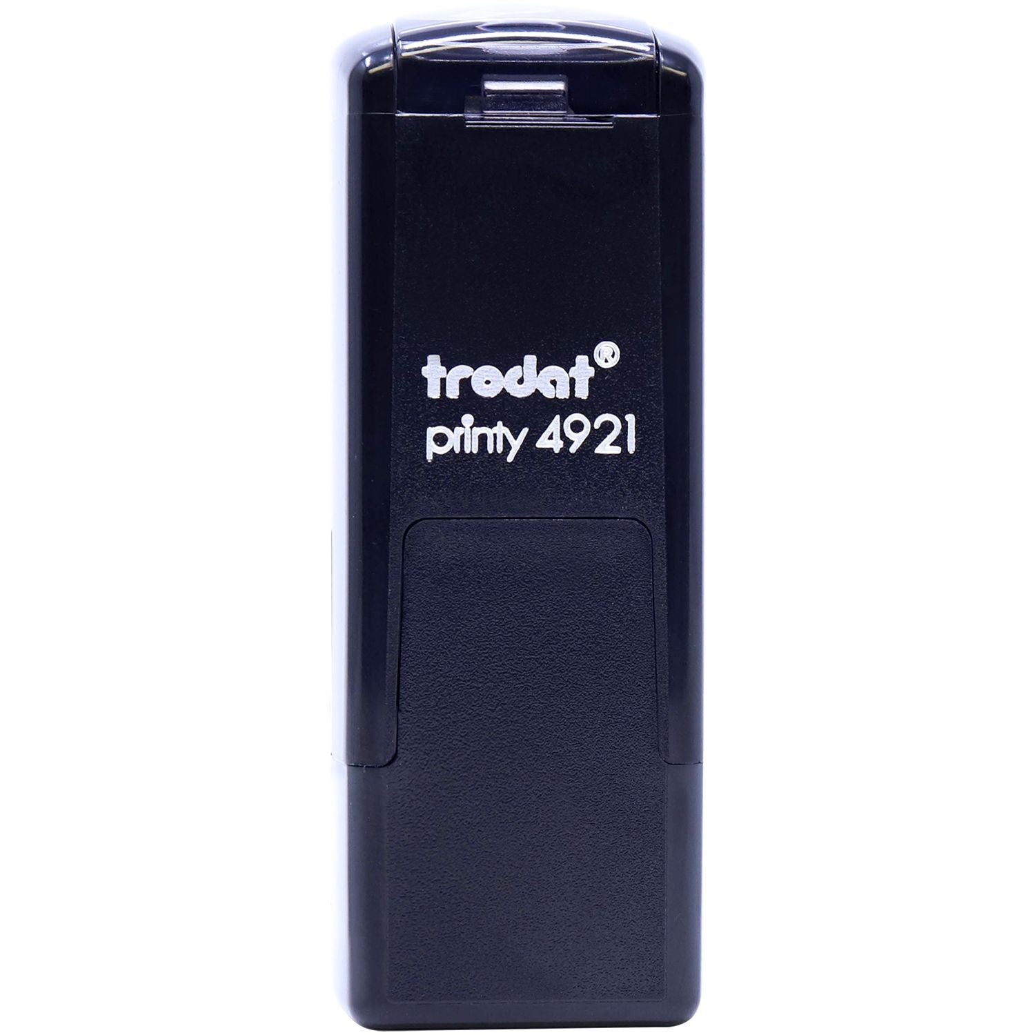 Black Custom Self Inking Stamp Trodat 4921 Size 1/2 x 1/2 with cap on, showing the front view and product branding.