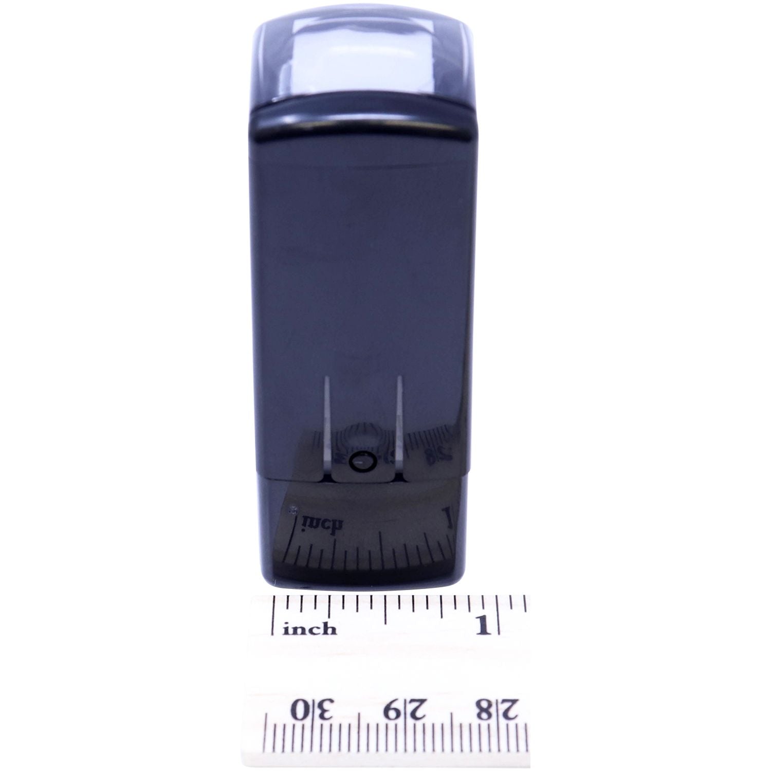 Custom Self Inking Stamp Trodat 4921 Size 1/2 x 1/2 in black, shown from the side with a ruler indicating its compact dimensions.