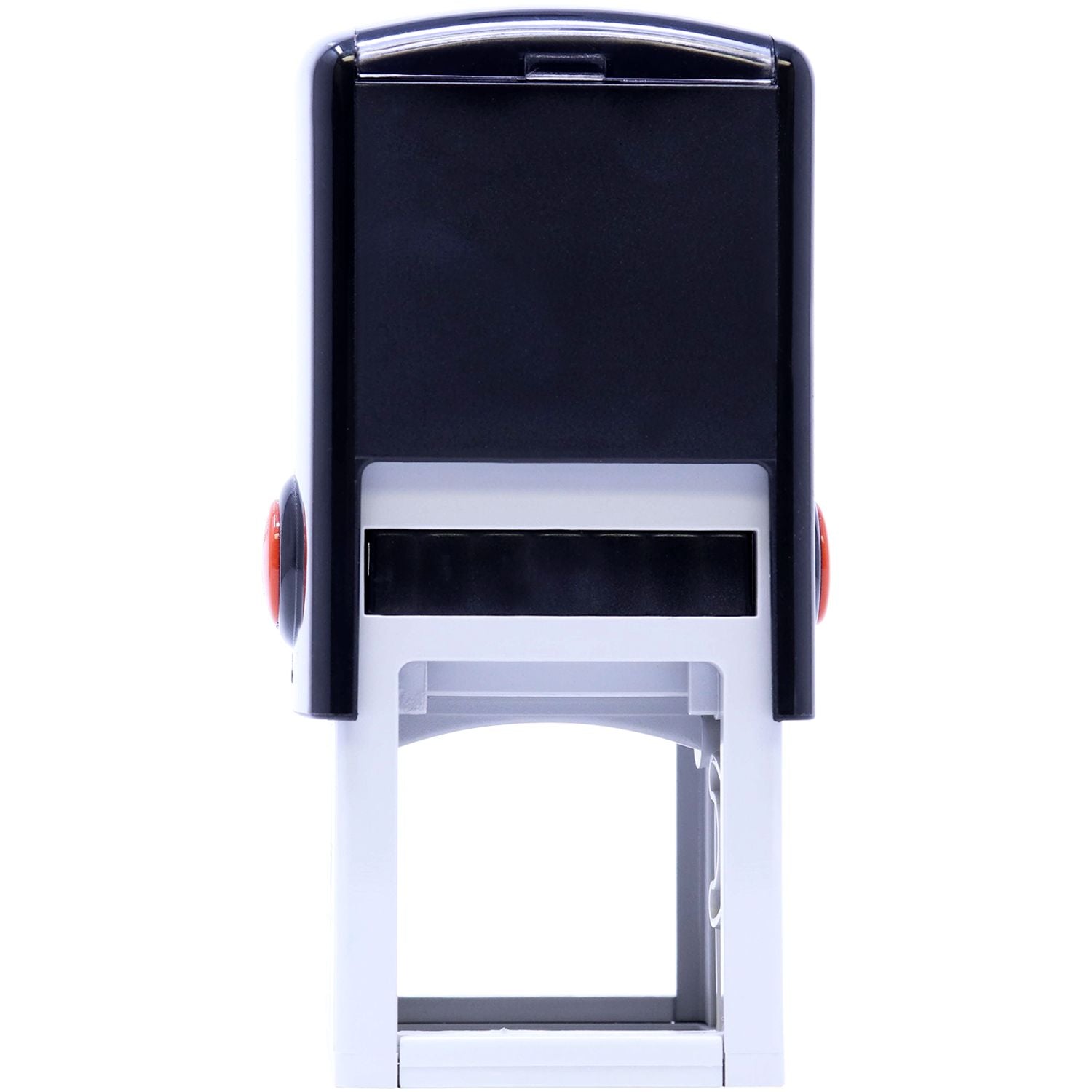 Custom Self Inking Stamp Trodat 4923 Size 1-3/16 x 1-3/16, black and white, back view with red buttons on the sides.