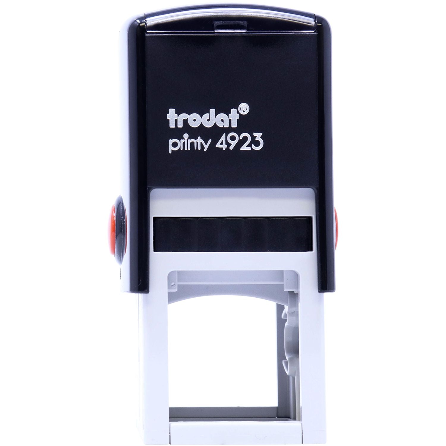 Custom Self Inking Stamp Trodat 4923 Size 1-3/16 x 1-3/16, black and white, front view with red buttons on the sides.