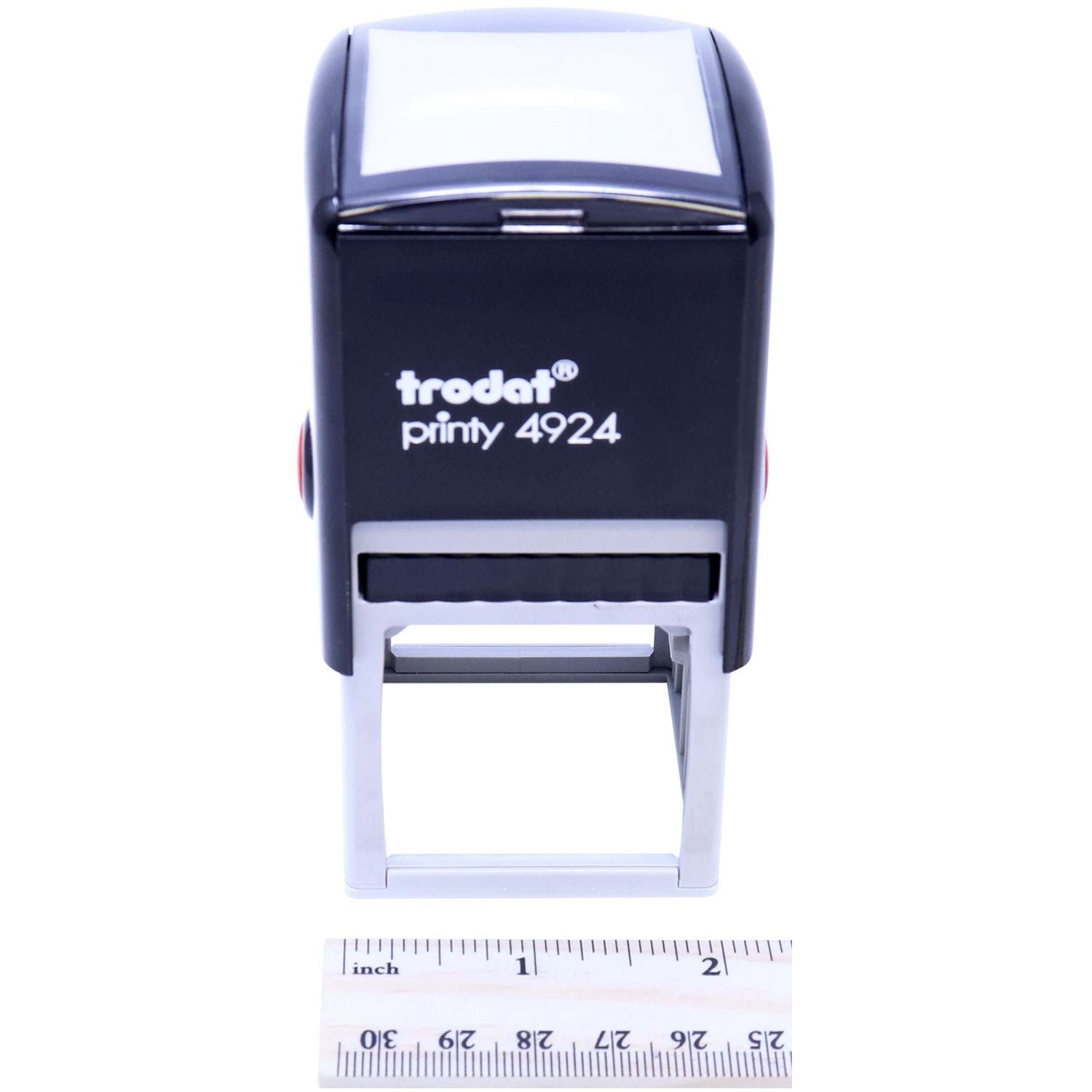 Custom Self Inking Stamp Trodat 4924 Size 1-5/8 x 1-5/8, front view with a ruler showing measurements in inches and centimeters.