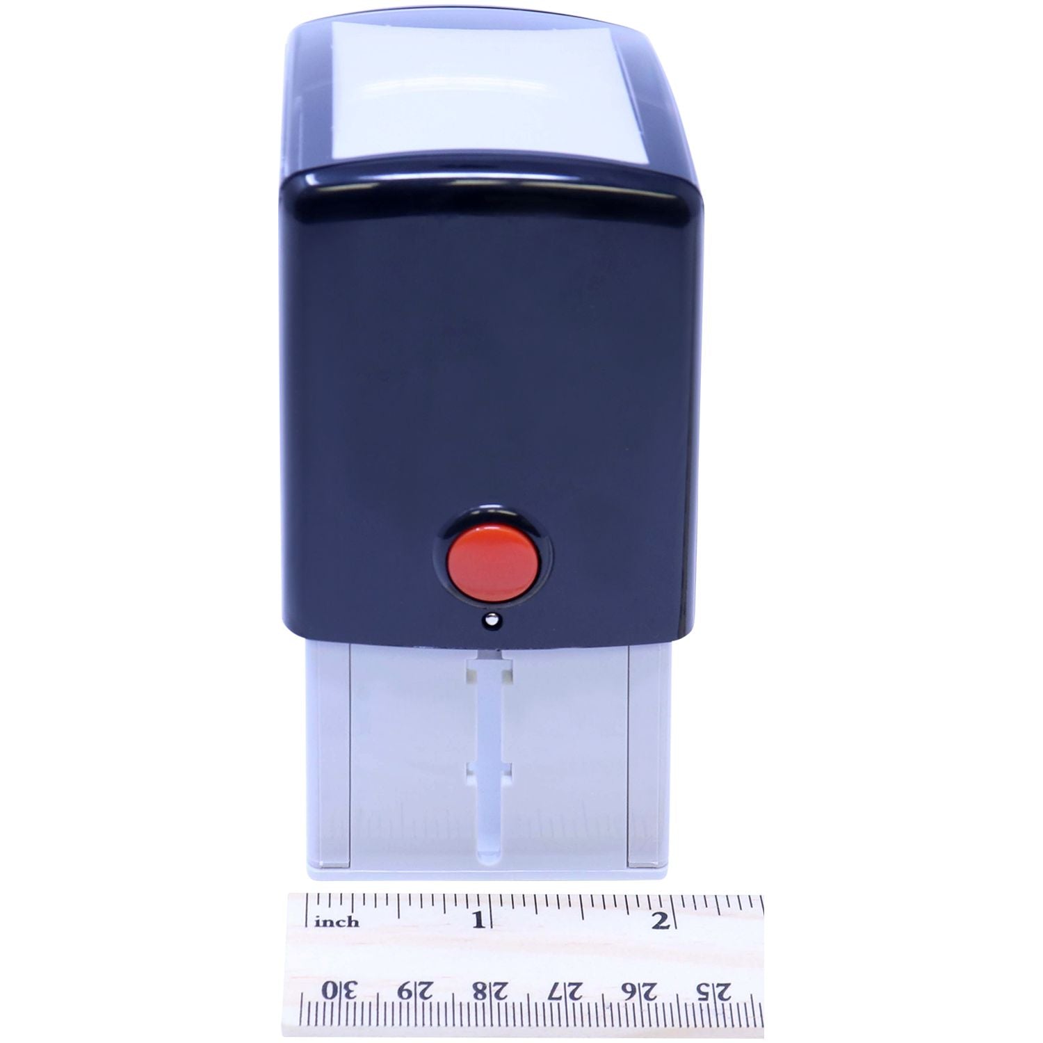 Custom Self Inking Stamp Trodat 4924 Size 1-5/8 x 1-5/8, black with a red button, shown next to a ruler for scale.