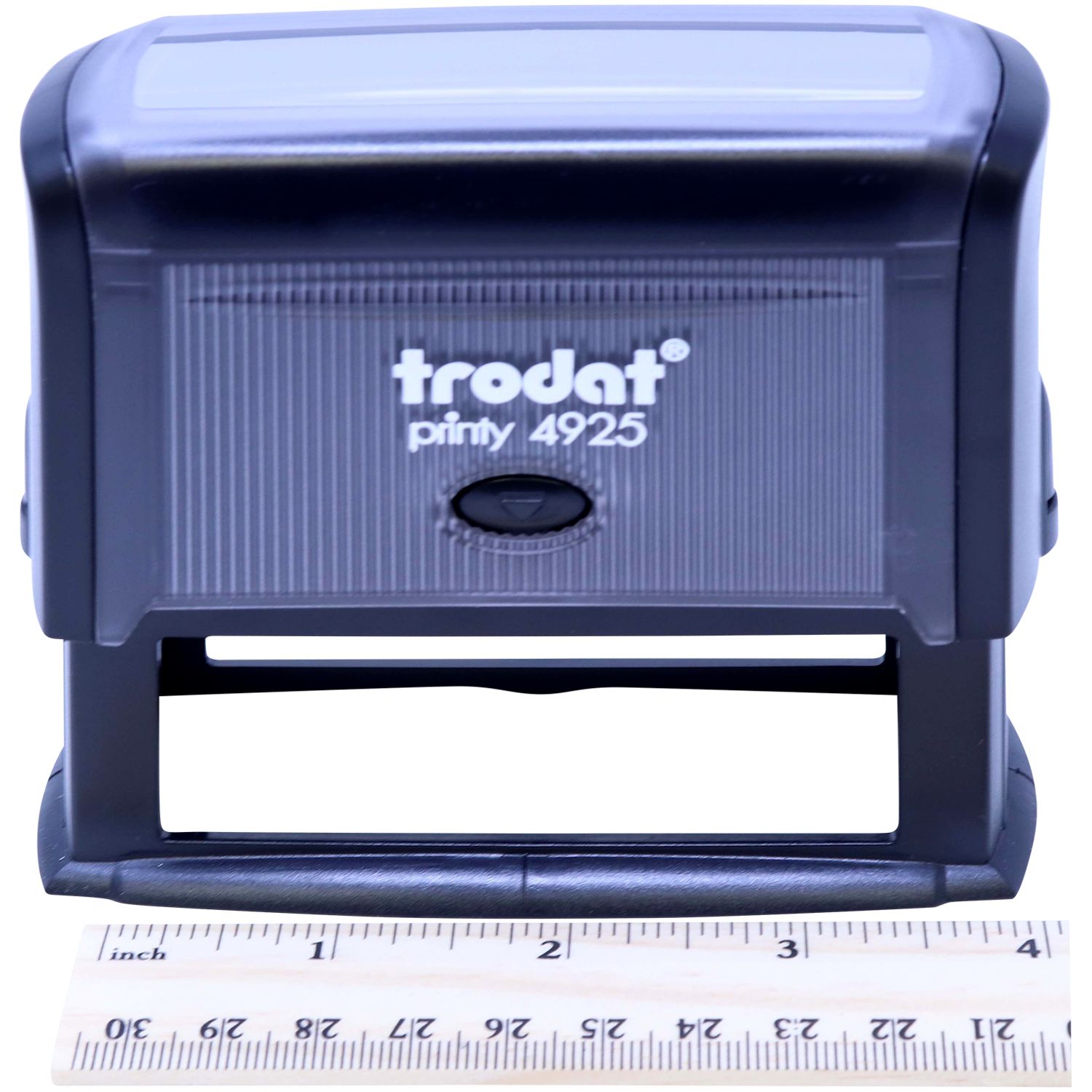 Custom Self Inking Stamp Trodat 4925 Size 1 x 3-1/4 shown with a ruler for scale, highlighting its compact design and measurement.