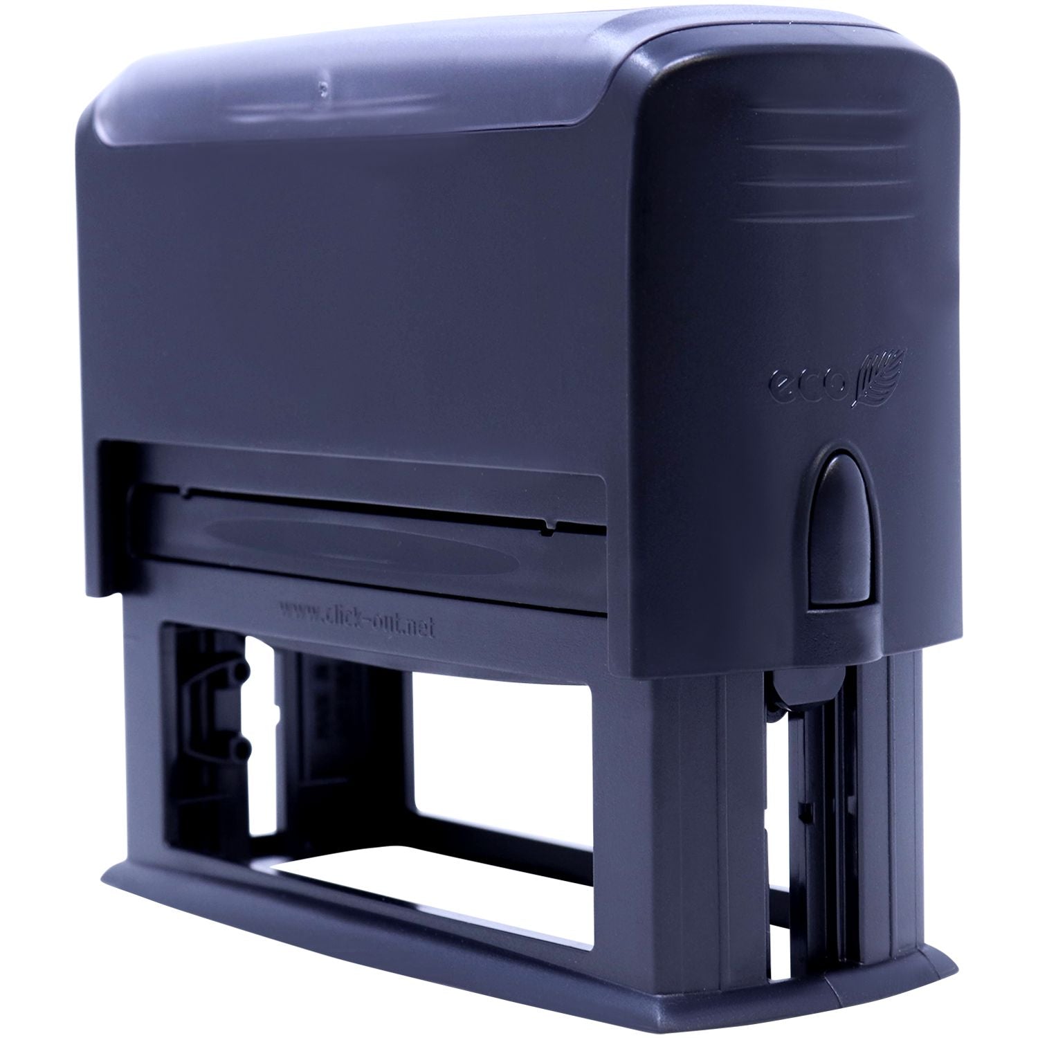 Custom Self Inking Stamp Trodat 4925 Size 1 x 3-1/4, black, back side view showing the stamp mechanism and eco-friendly logo.