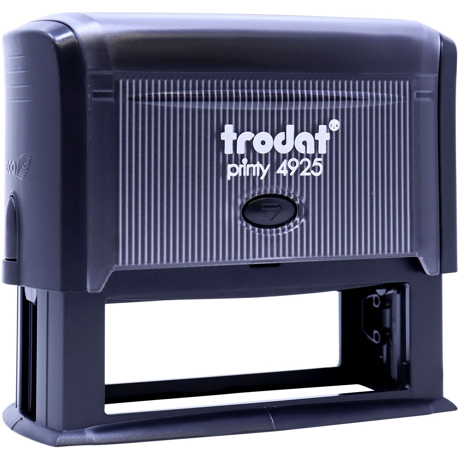 Custom Self Inking Stamp Trodat 4925 Size 1 x 3-1/4, black casing, front view angled, with Trodat branding visible on the front.