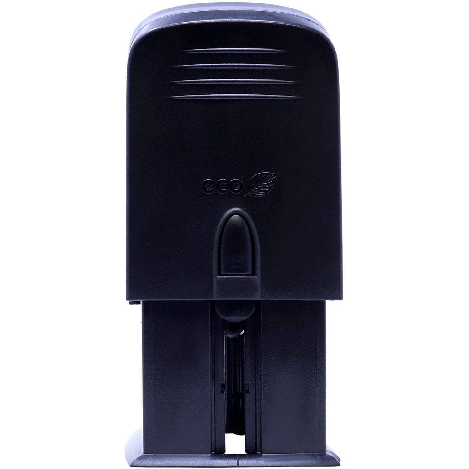 Custom Self Inking Stamp Trodat 4928 Size 1-5/16 x 2-3/8, black, side view showing eco-friendly design with a leaf symbol.