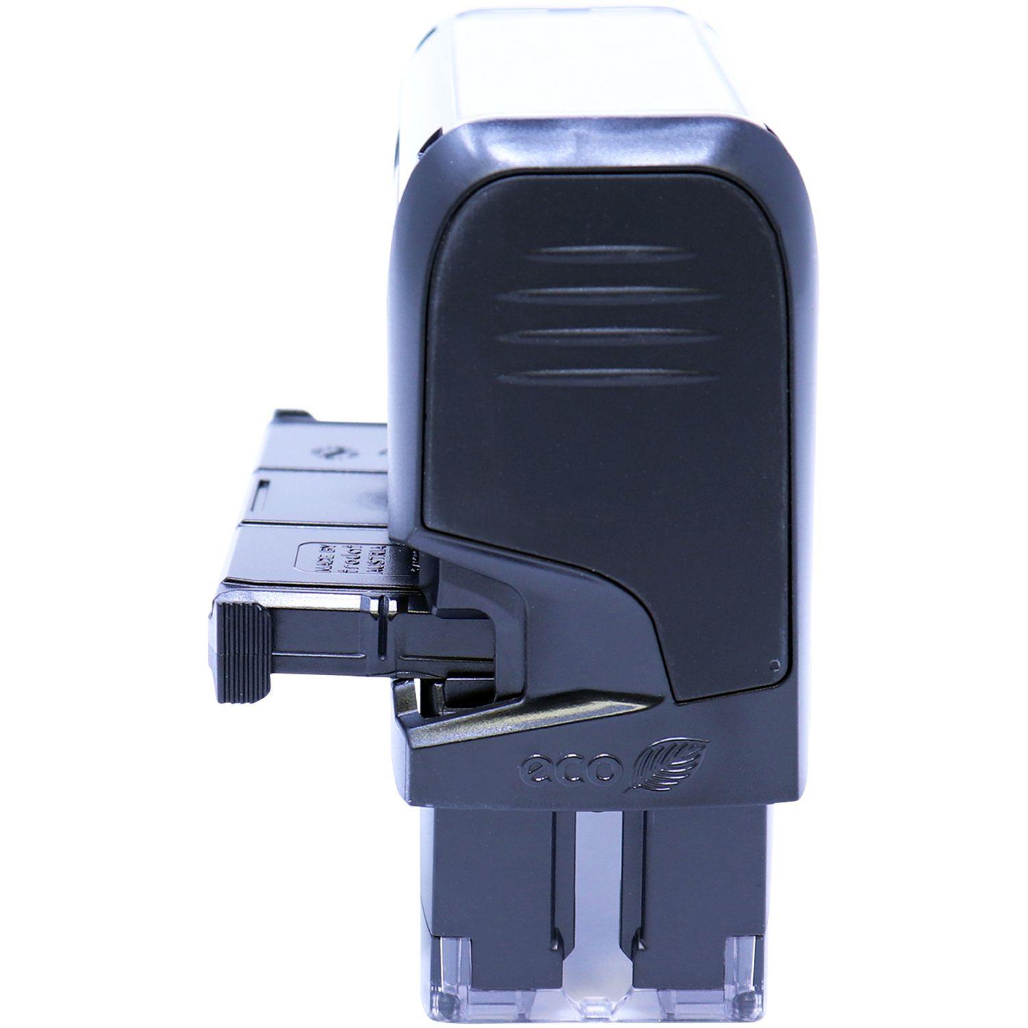 Side view of a black Self Inking Cash Stamp with an eco-friendly logo, showing the ink pad compartment and sturdy design.