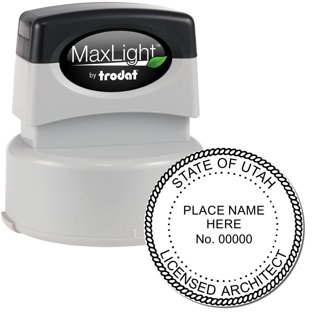 Image of a Premium MaxLight Pre-Inked Utah Architectural Stamp with a round imprint showing "State of Utah Licensed Architect" and placeholder text.