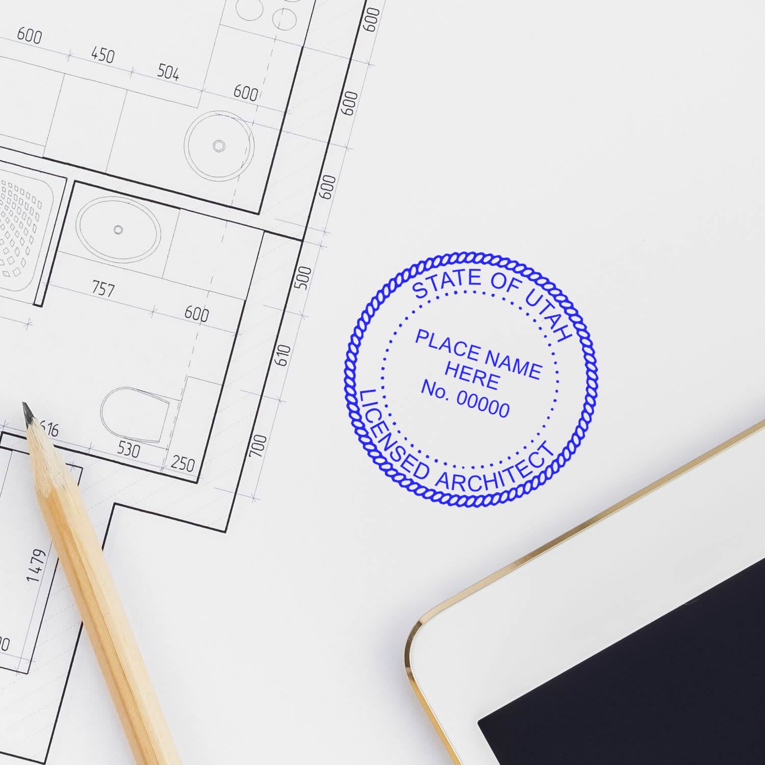 Premium MaxLight Pre-Inked Utah Architectural Stamp in blue ink on architectural plans, next to a pencil and tablet.