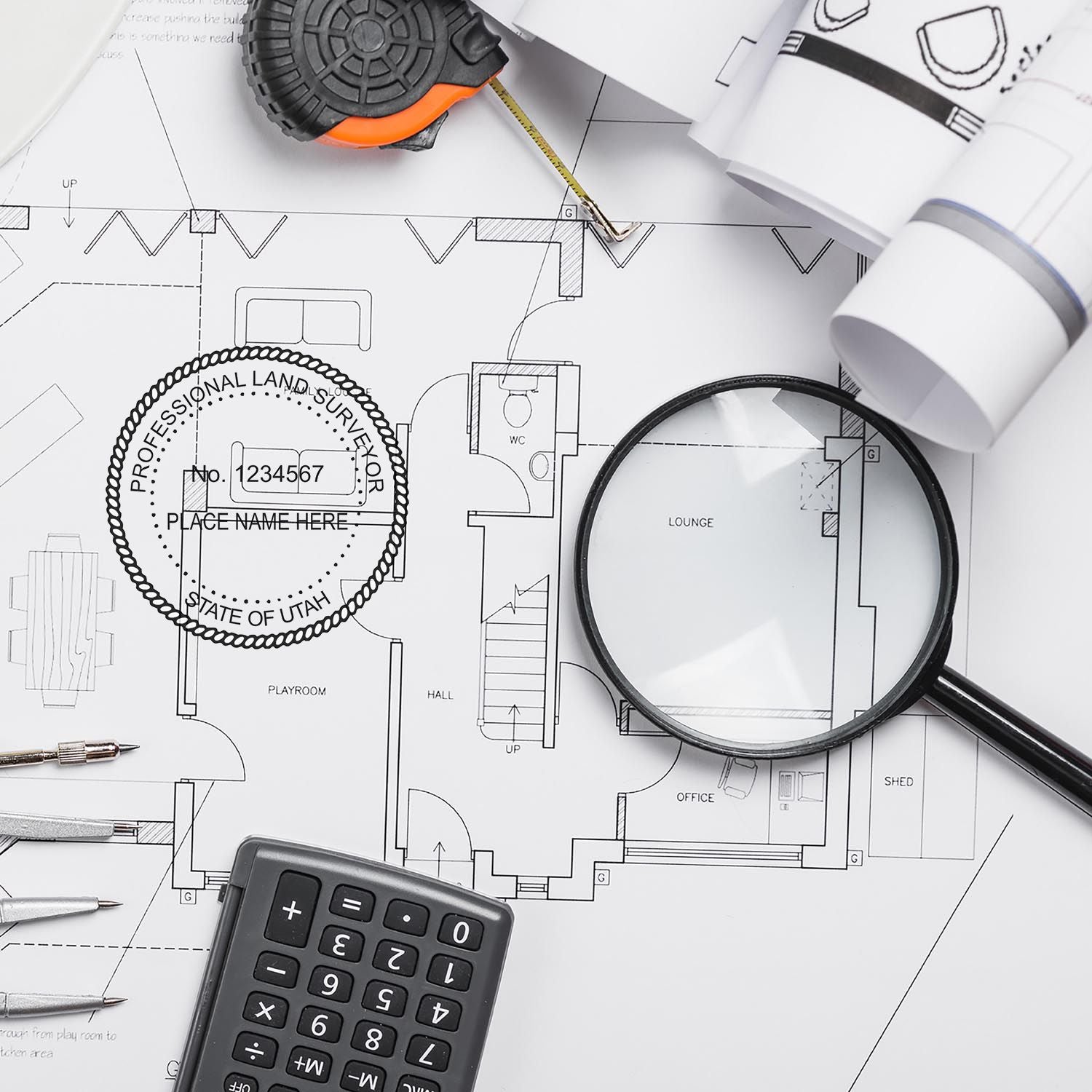 Self Inking Utah Land Surveyor Stamp on architectural plans with a magnifying glass, calculator, and measuring tape.