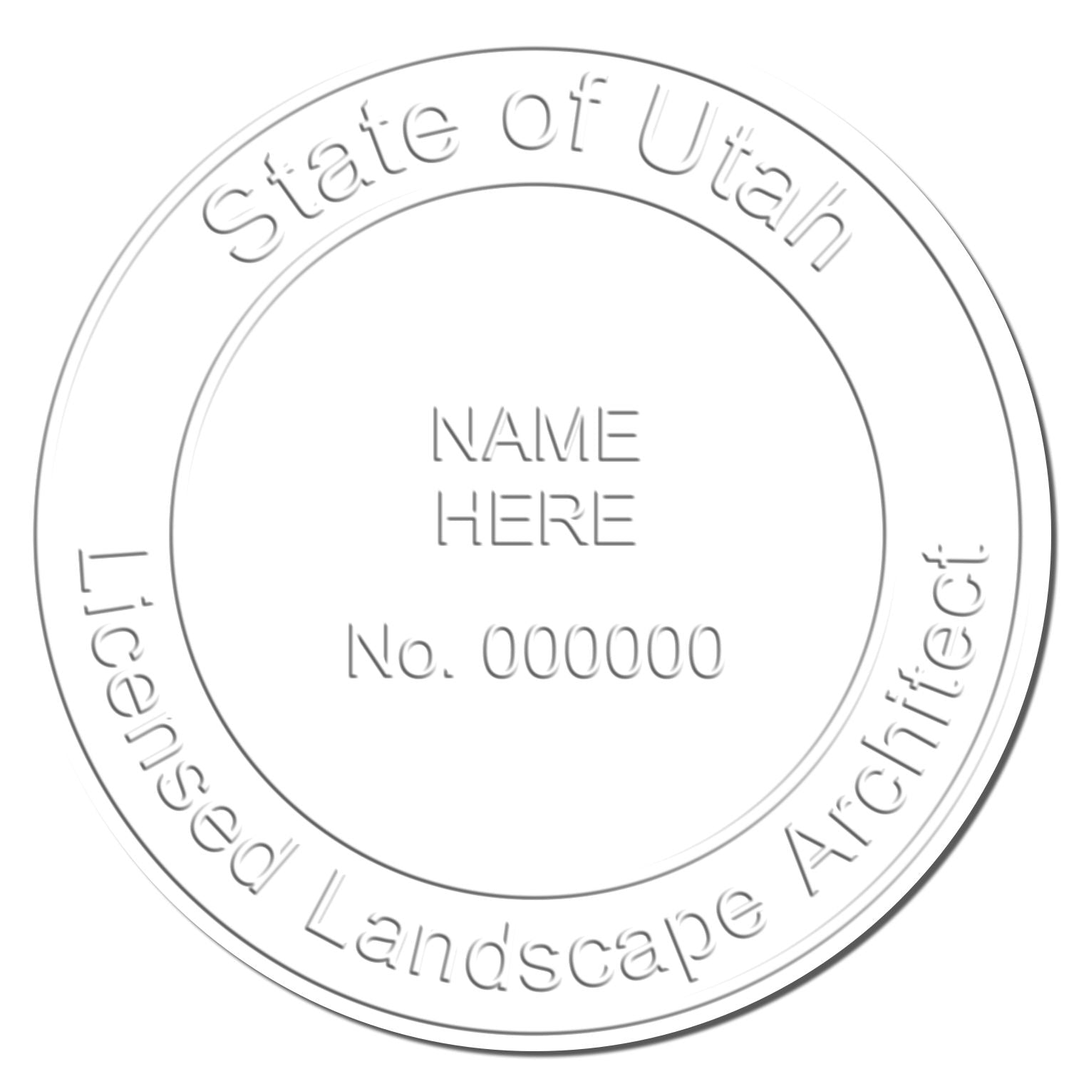 This paper is stamped with a sample imprint of the State of Utah Extended Long Reach Landscape Architect Seal Embosser, signifying its quality and reliability.