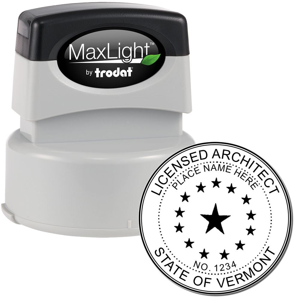 Premium MaxLight Pre-Inked Vermont Architectural Stamp with a black and gray design, featuring a circular stamp imprint for licensed architects.