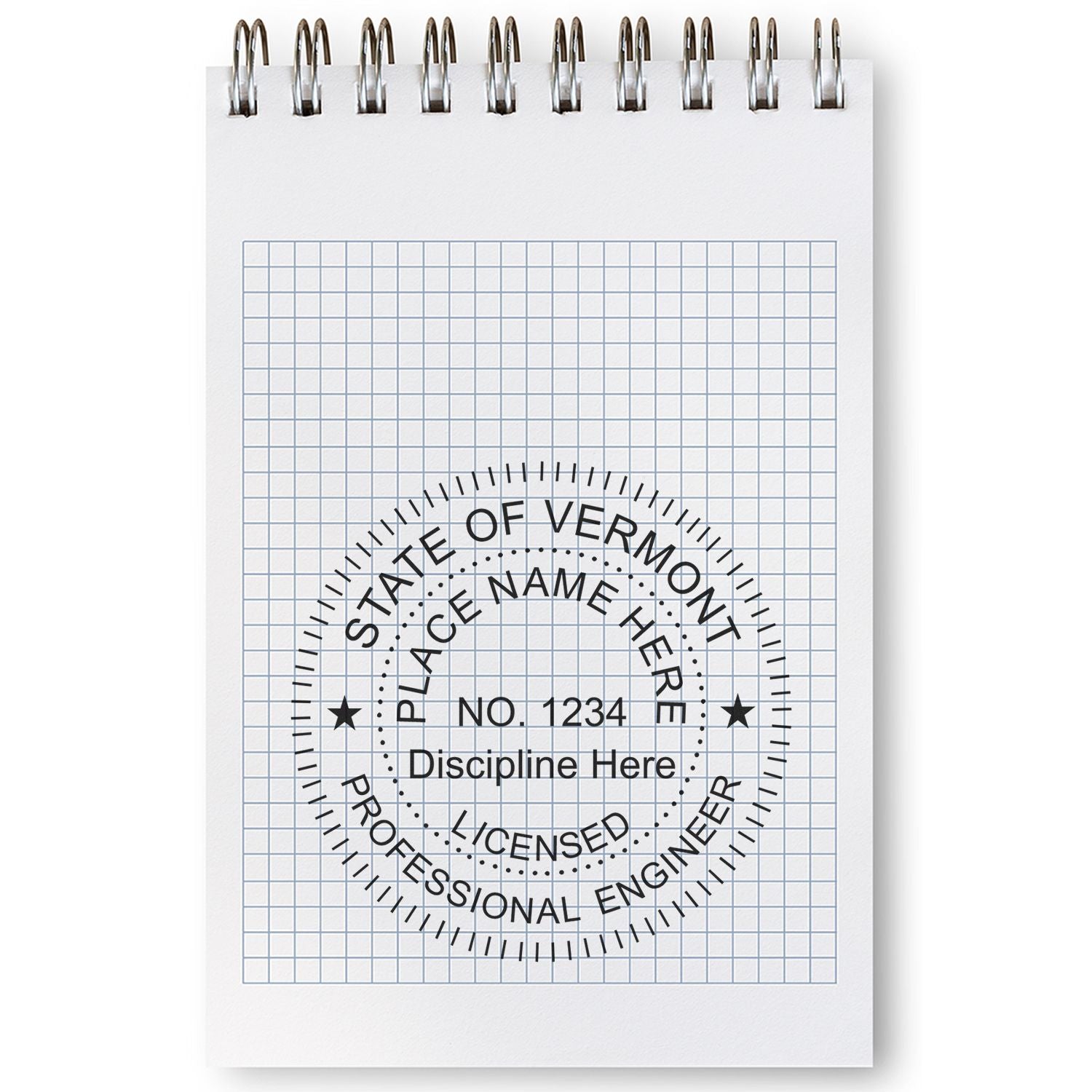 A lifestyle photo showing a stamped image of the Slim Pre-Inked Vermont Professional Engineer Seal Stamp on a piece of paper