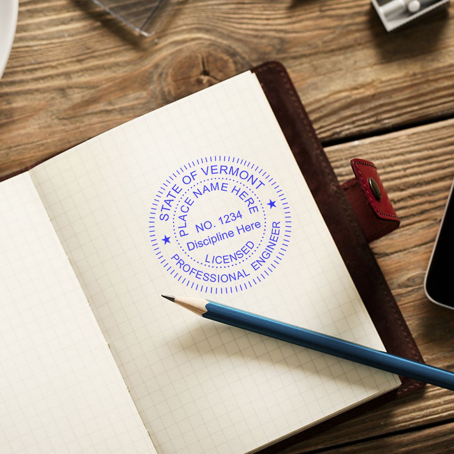 Another Example of a stamped impression of the Self-Inking Vermont PE Stamp on a piece of office paper.