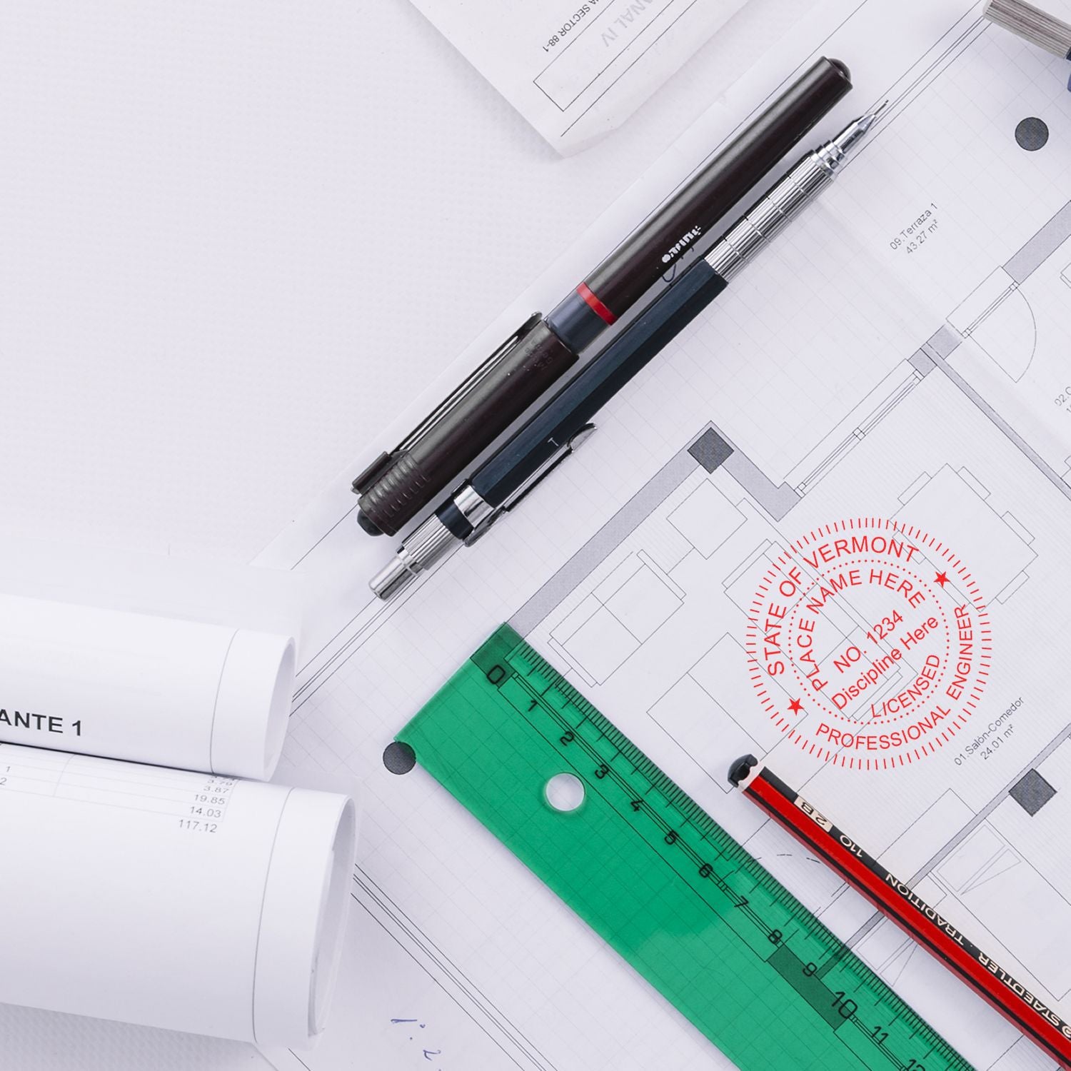 A Professional Engineer Regular Rubber Stamp of Seal is stamped on architectural plans, surrounded by drafting tools including a pen, ruler, and rolled blueprints.