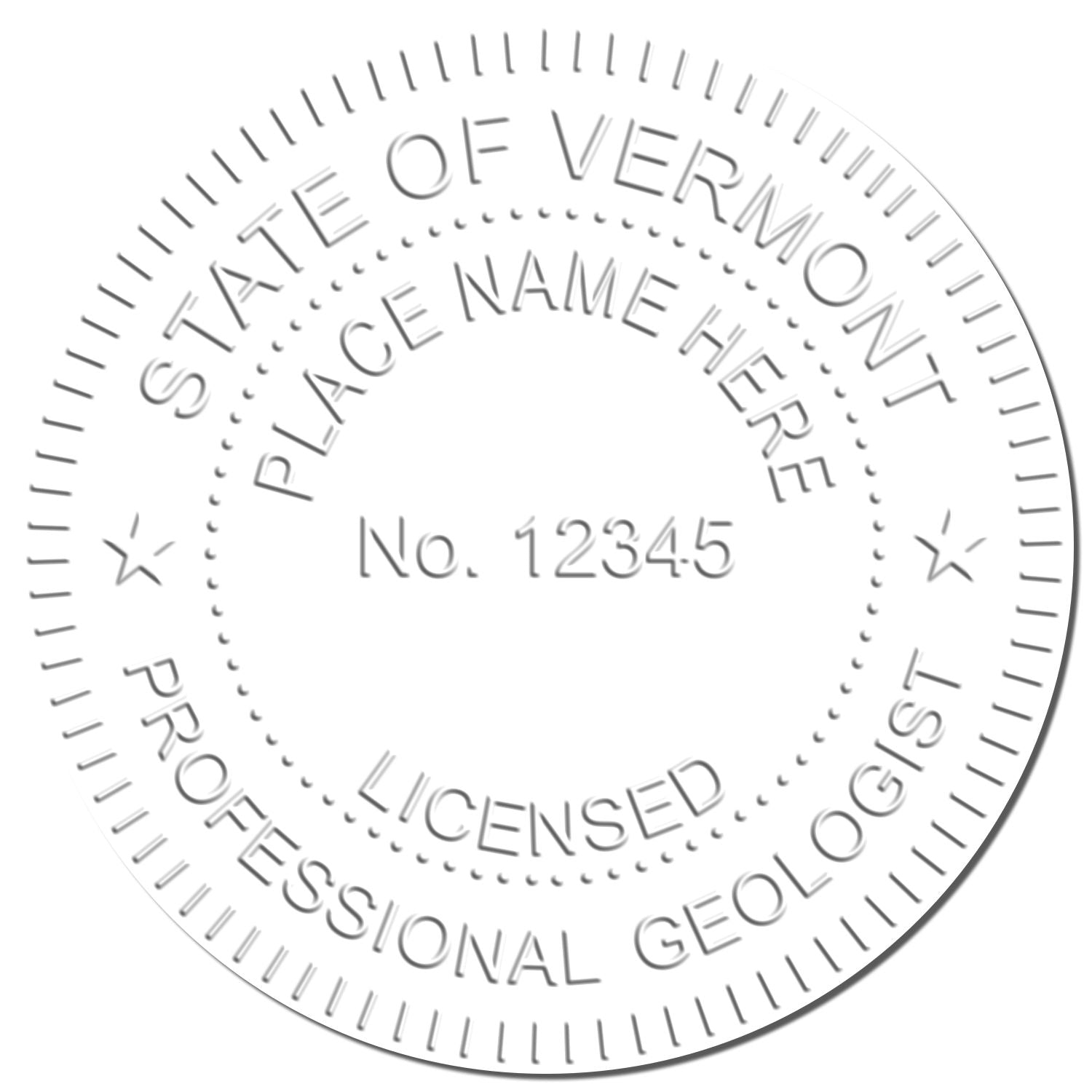 An in use photo of the Heavy Duty Cast Iron Vermont Geologist Seal Embosser showing a sample imprint on a cardstock