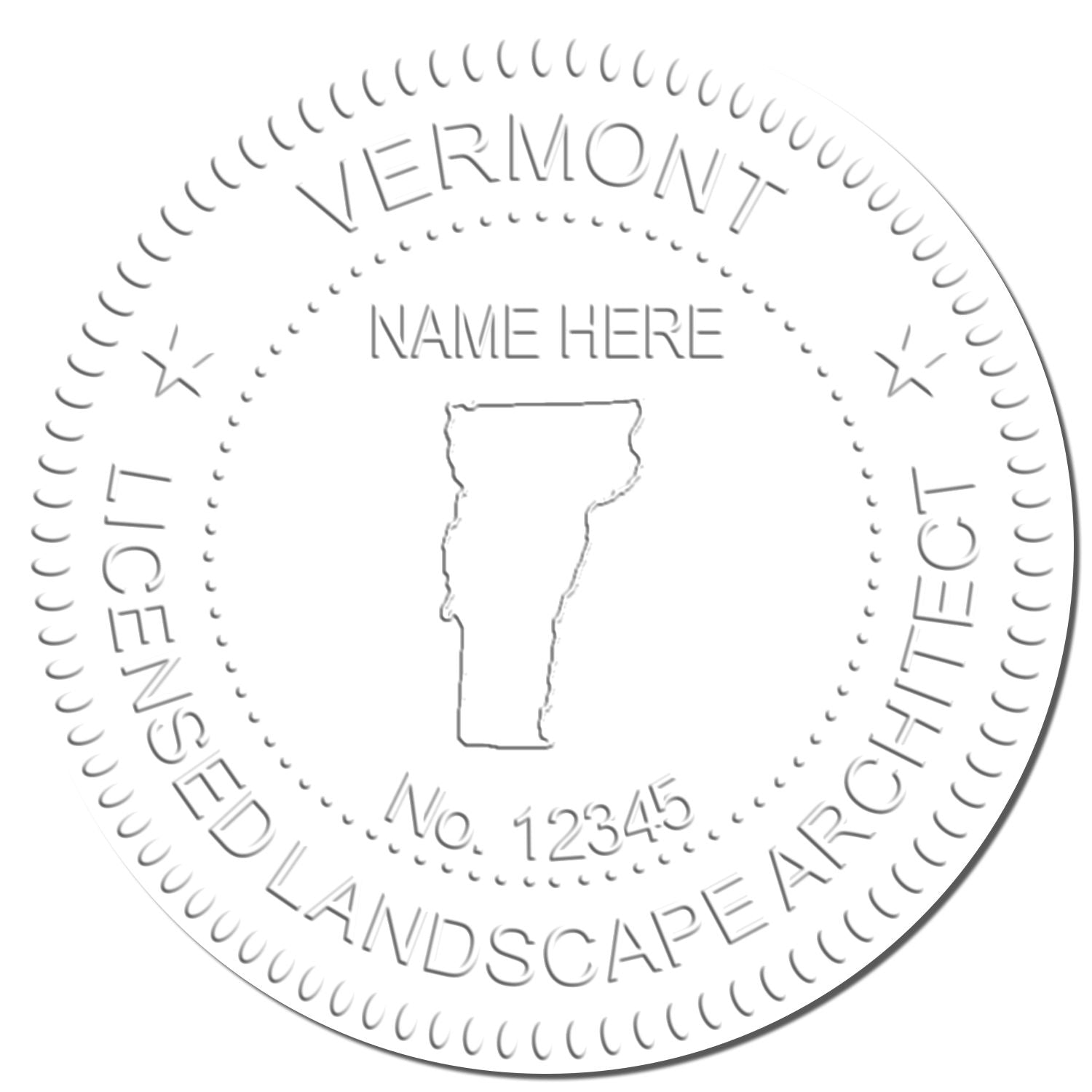 This paper is stamped with a sample imprint of the Vermont Long Reach Landscape Architect Embossing Stamp, signifying its quality and reliability.