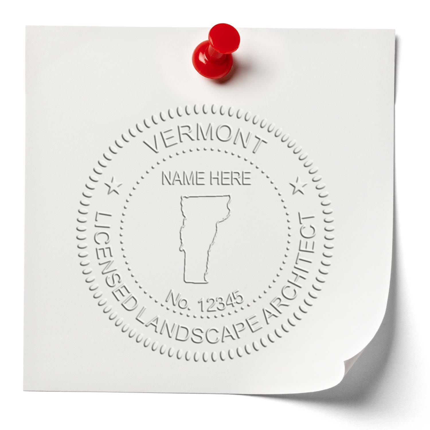 A stamped impression of the State of Vermont Handheld Landscape Architect Seal in this stylish lifestyle photo, setting the tone for a unique and personalized product.