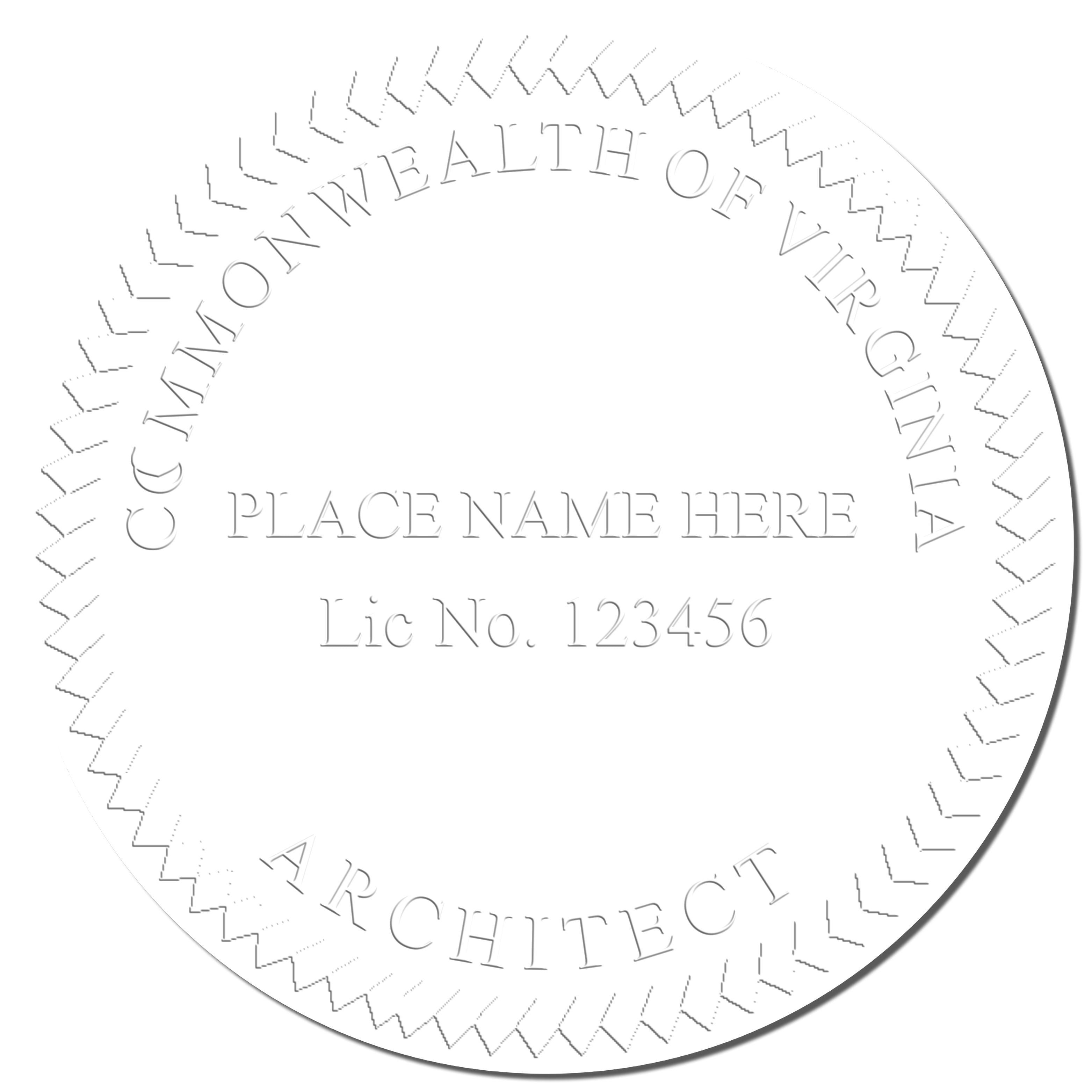 This paper is stamped with a sample imprint of the Heavy Duty Cast Iron Virginia Architect Embosser, signifying its quality and reliability.