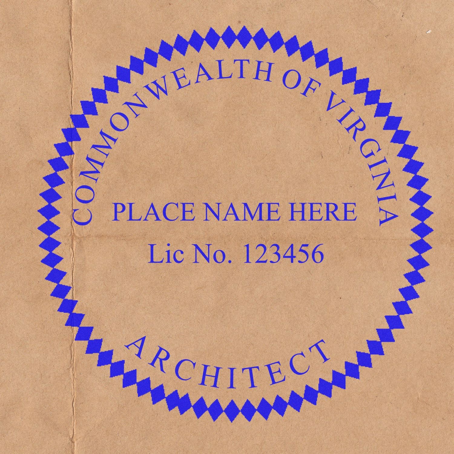 Digital Virginia Architect Stamp, Electronic Seal for Virginia Architect, blue text on brown background with customizable name and license number.