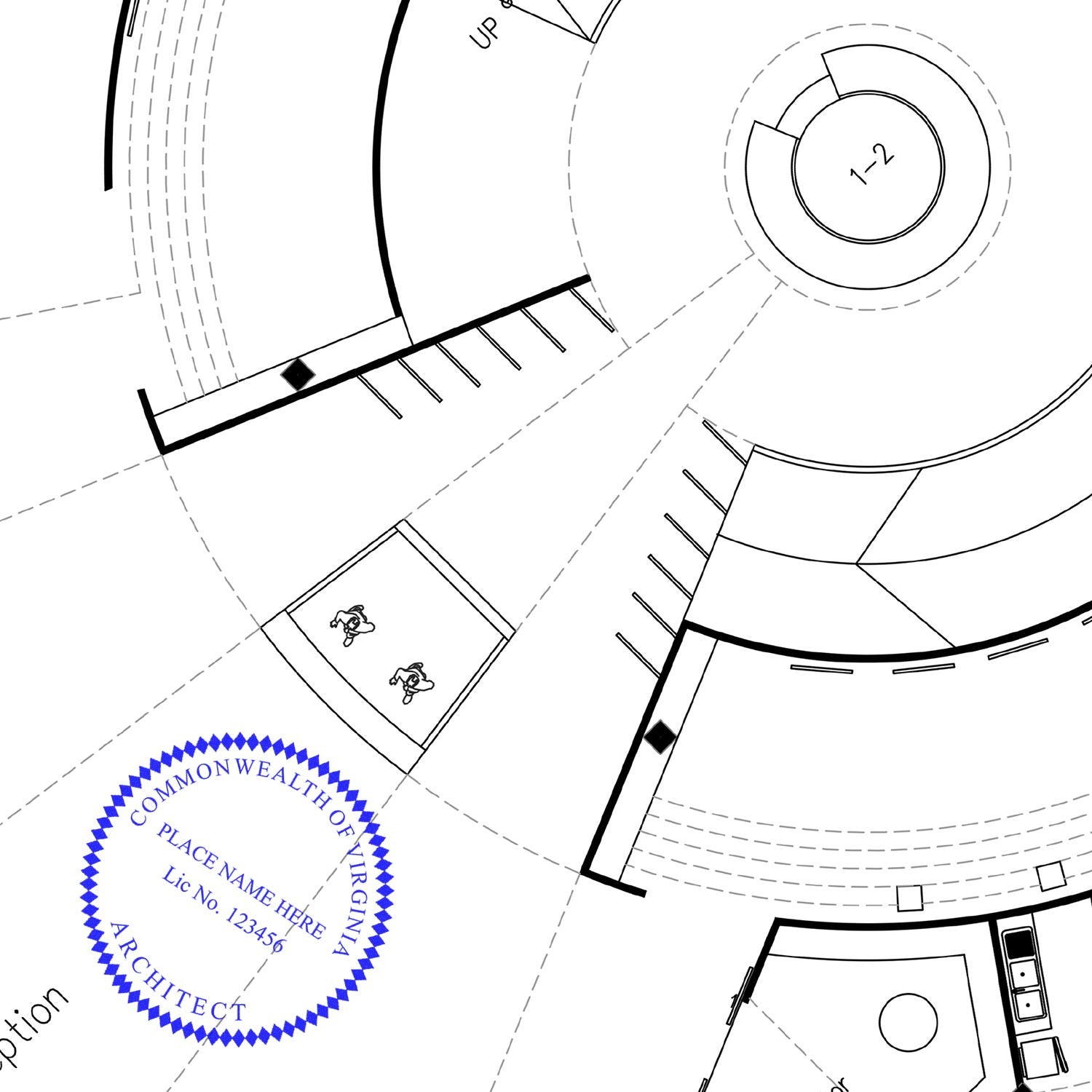 Blueprint with a Virginia Architect Seal Stamp in blue ink, showing the Commonwealth of Virginia, architect's name, and license number.