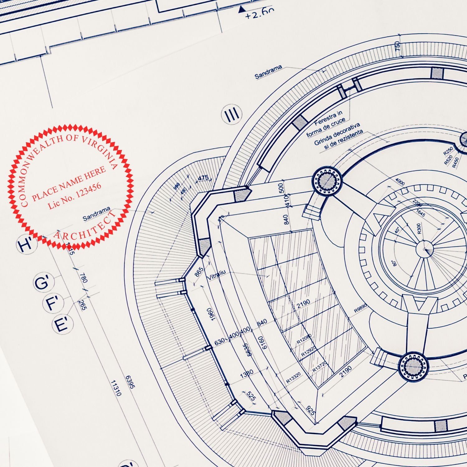 Virginia Architect Seal Stamp on a detailed architectural blueprint with technical drawings and measurements.