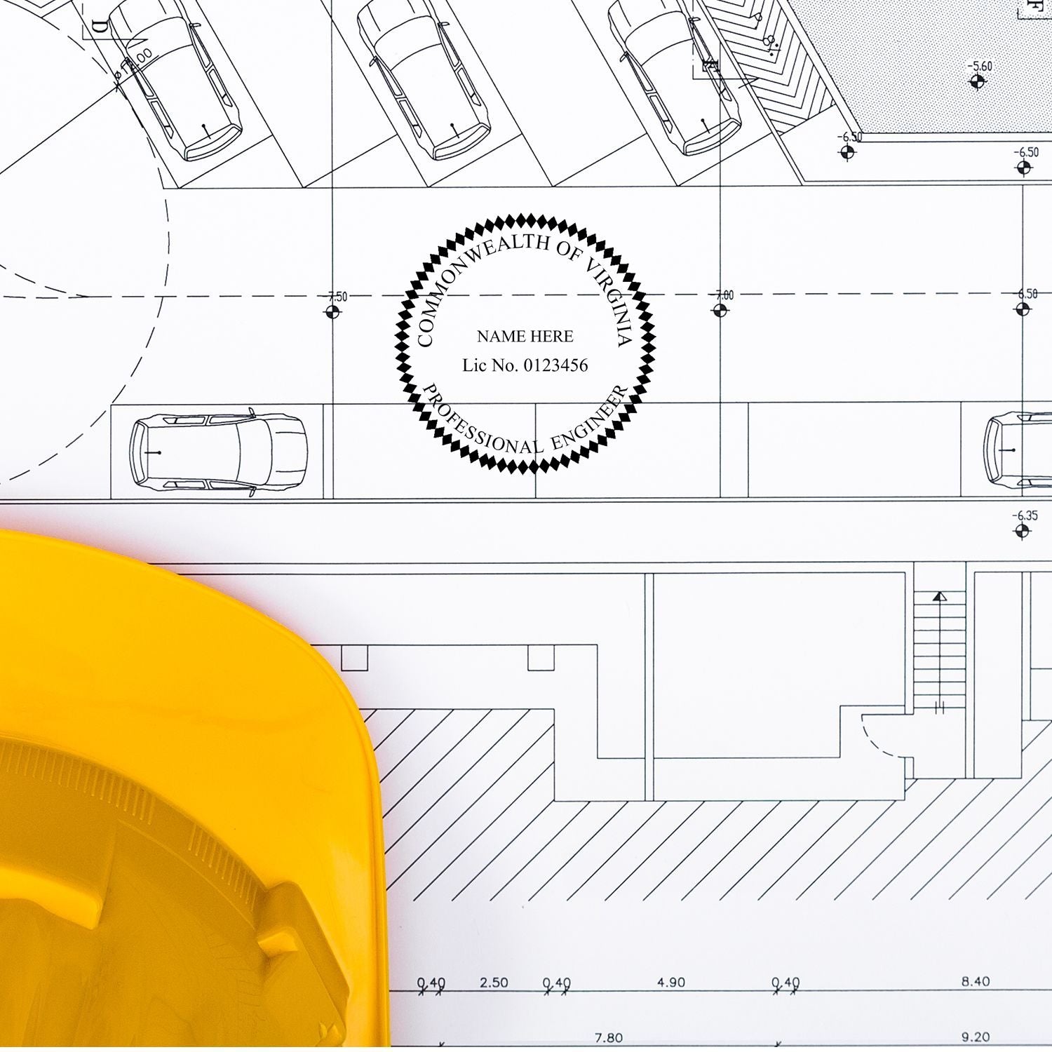 Another Example of a stamped impression of the Digital Virginia PE Stamp and Electronic Seal for Virginia Engineer on a piece of office paper.